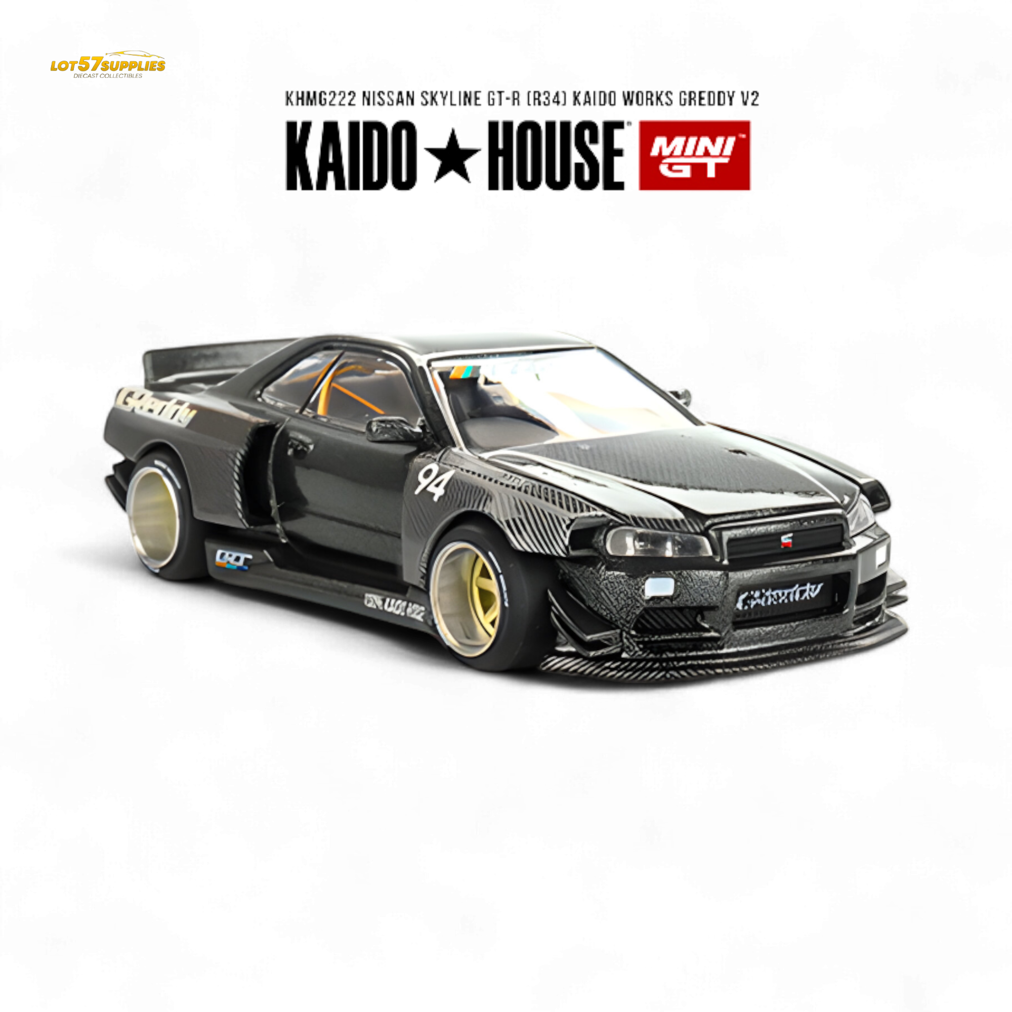 (Pre-Order) Kaido House x Mini GT Nissan Skyline GT-R (R34) Kaido Works GReddy V2 - Black w/ Carbon 1:64