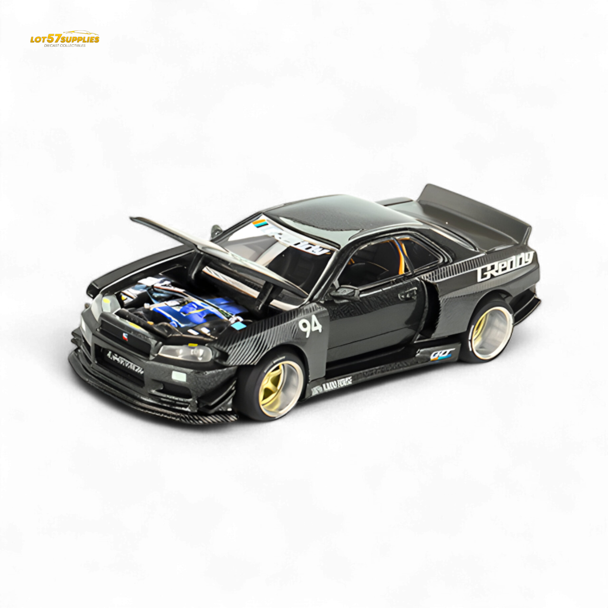 (Pre-Order) Kaido House x Mini GT Nissan Skyline GT-R (R34) Kaido Works GReddy V2 - Black w/ Carbon 1:64