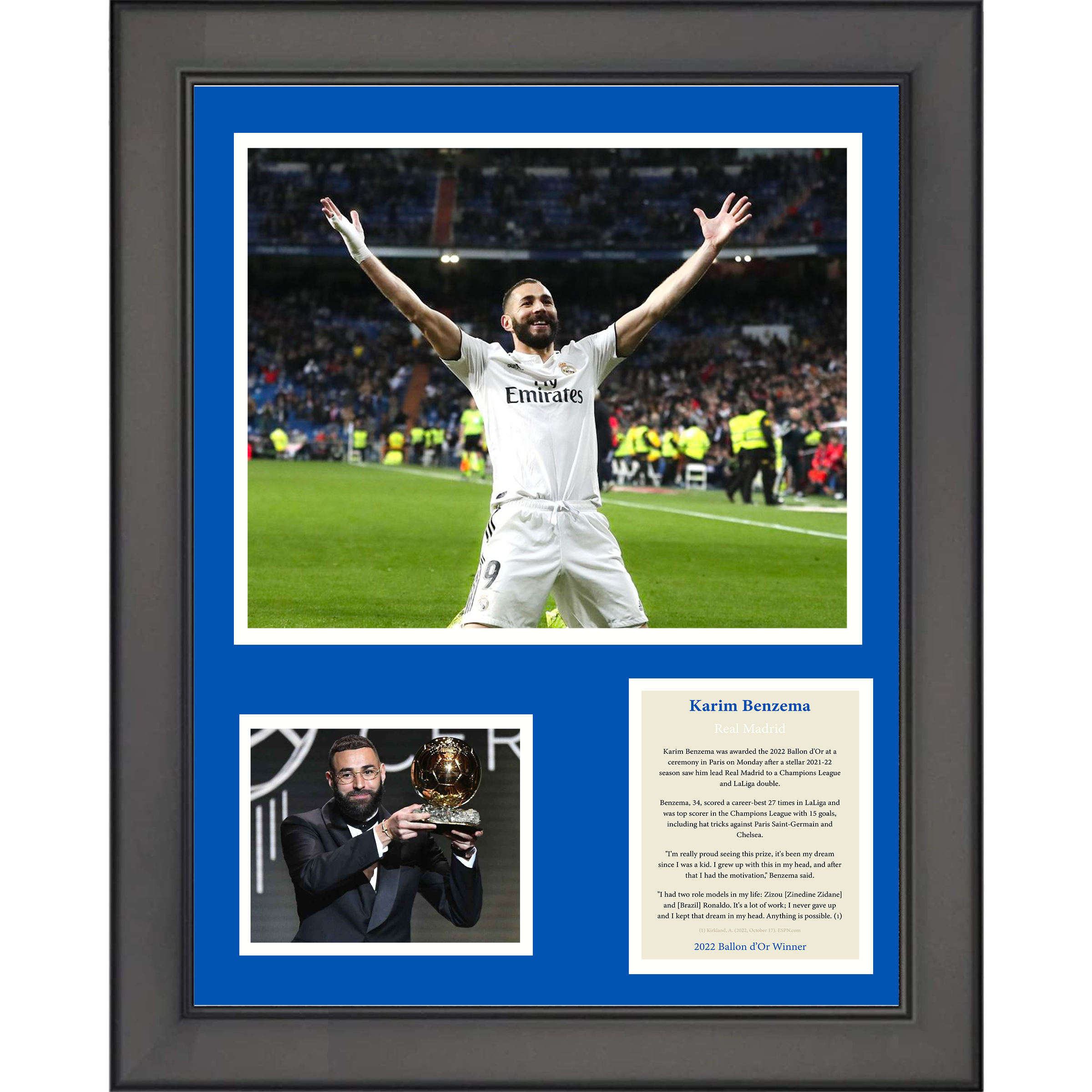 Framed Karim Benzema 2022 Ballon d'Or Real Madrid Soccer Futbol 11"x14" Three Photo Collage