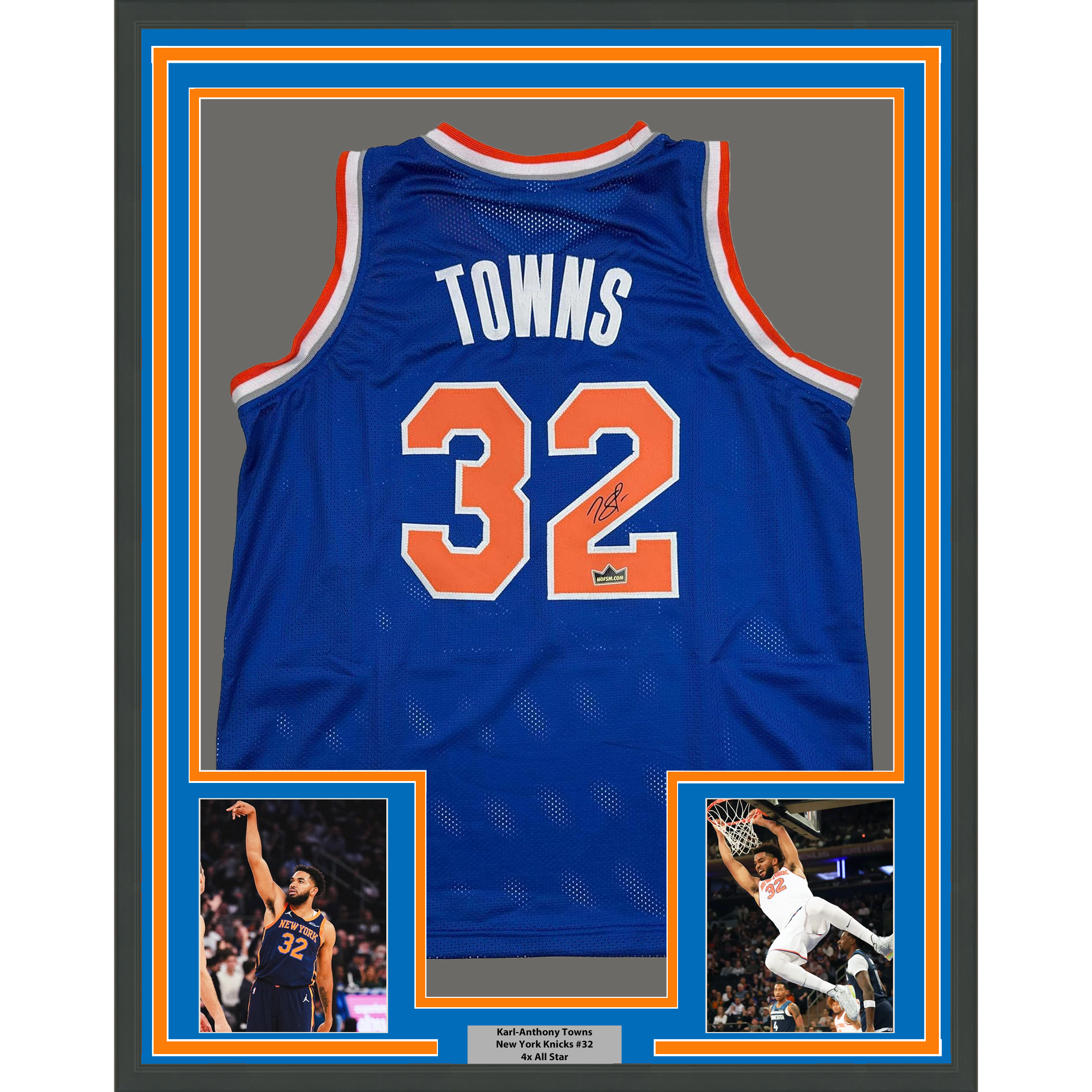 Framed Facsimile Autographed Karl-Anthony Towns 35x39 New York Blue Reprint Laser Auto Basketball Jersey