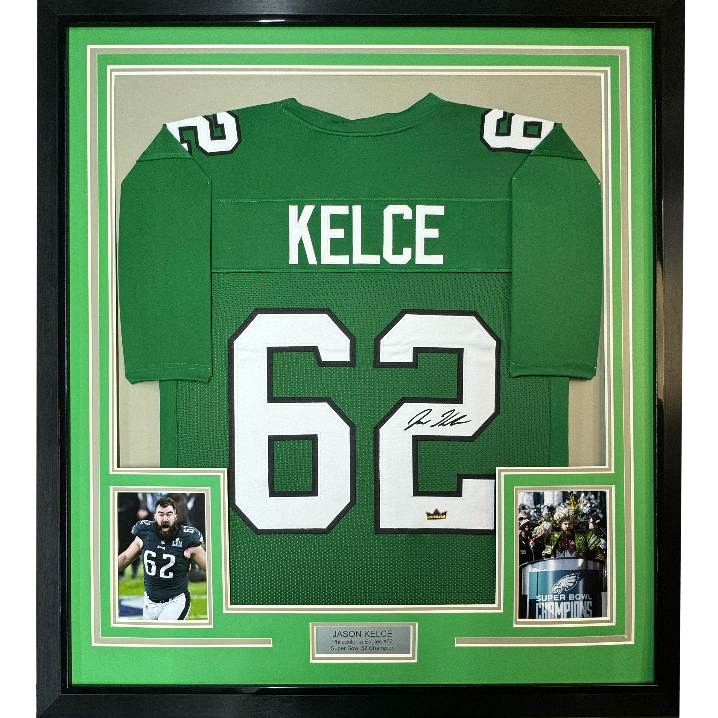 Framed Facsimile Autographed Jason Kelce 35x39 Philadelphia Kelly Green Reprint Laser Auto Football Jersey