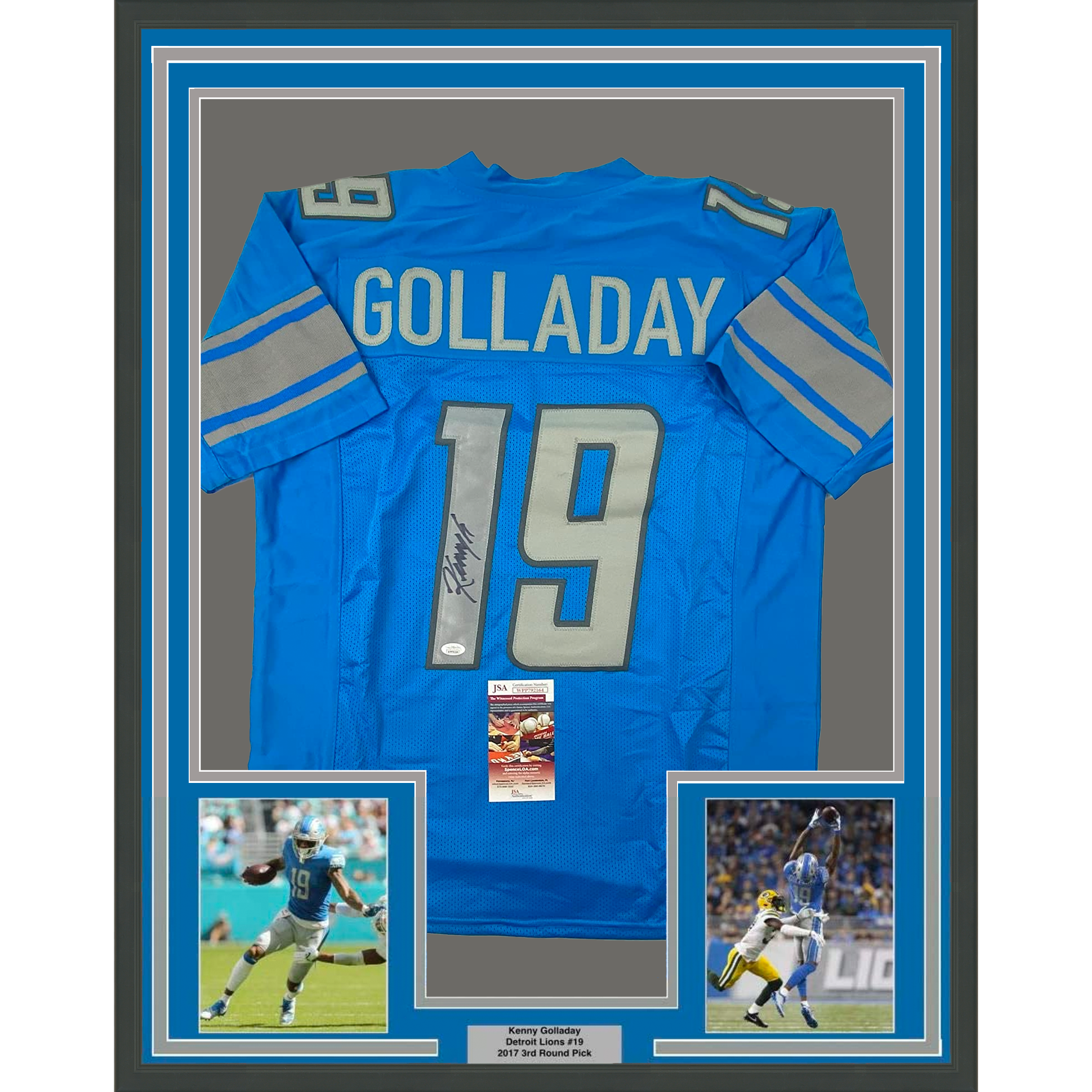 Framed Autographed/Signed Kenny Golladay 35x39 Detroit Blue Football Jersey JSA COA