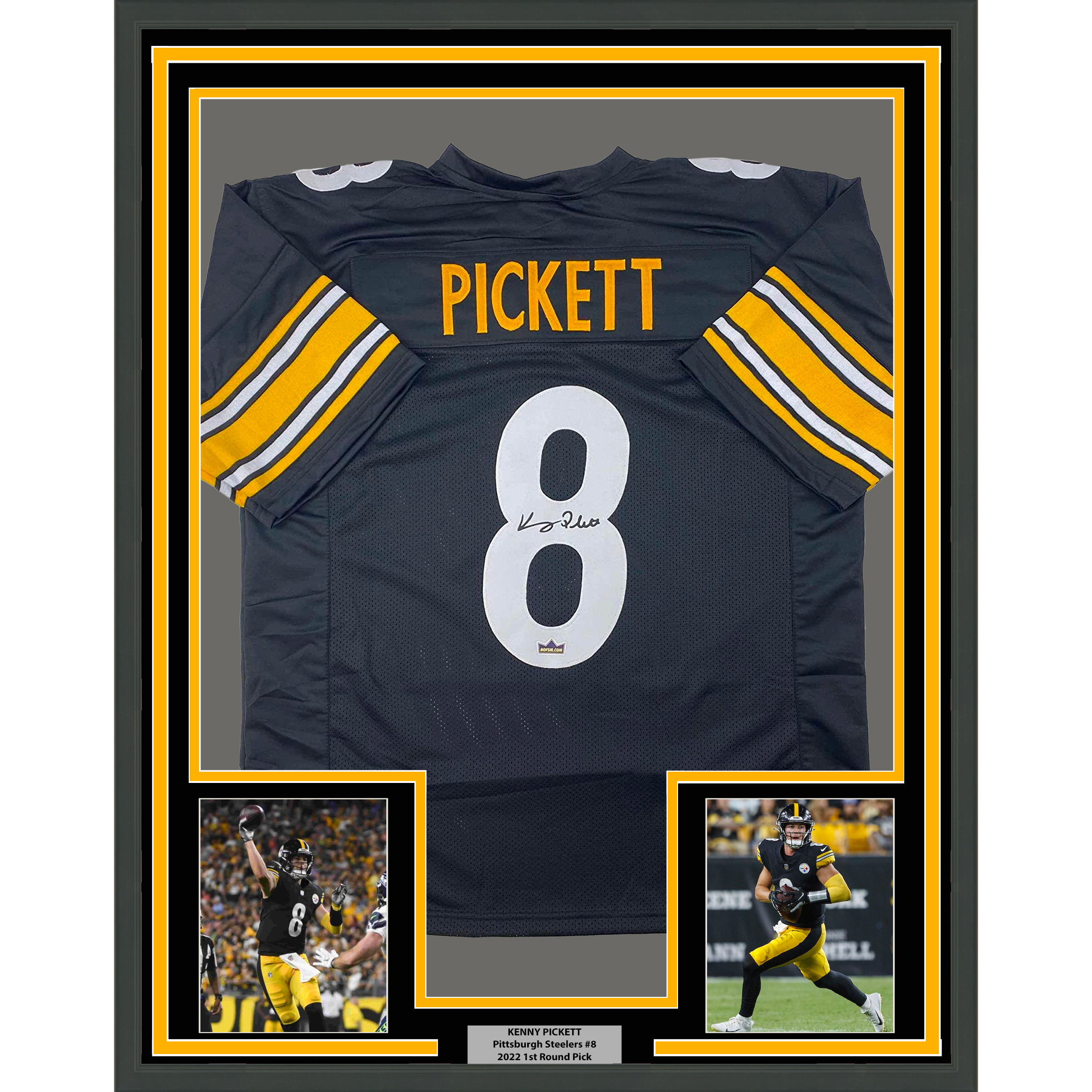 Framed Facsimile Autographed Kenny Pickett 35x39 Pittsburgh Black Reprint Laser Auto Football Jersey