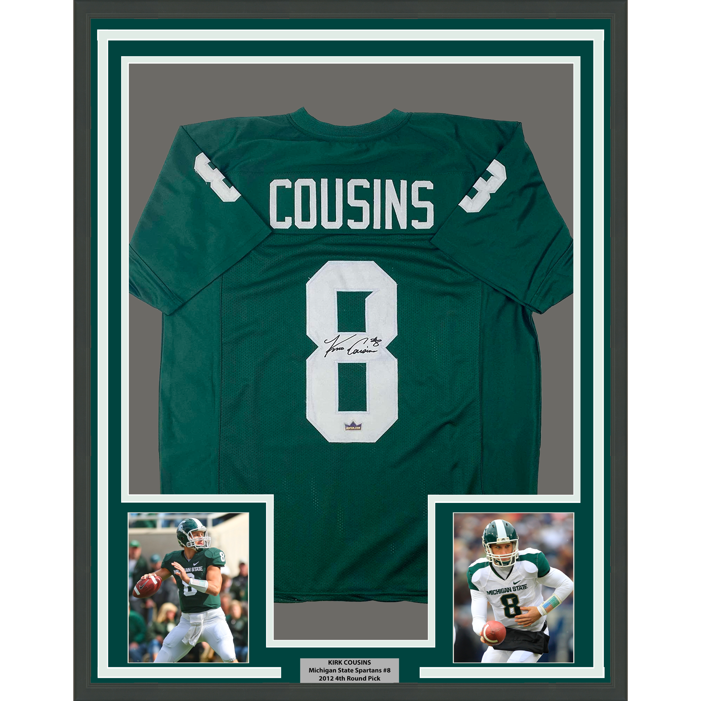 Framed Facsimile Autographed Kirk Cousins 35x39 Michigan State Green Reprint Laser Auto College Football Jersey