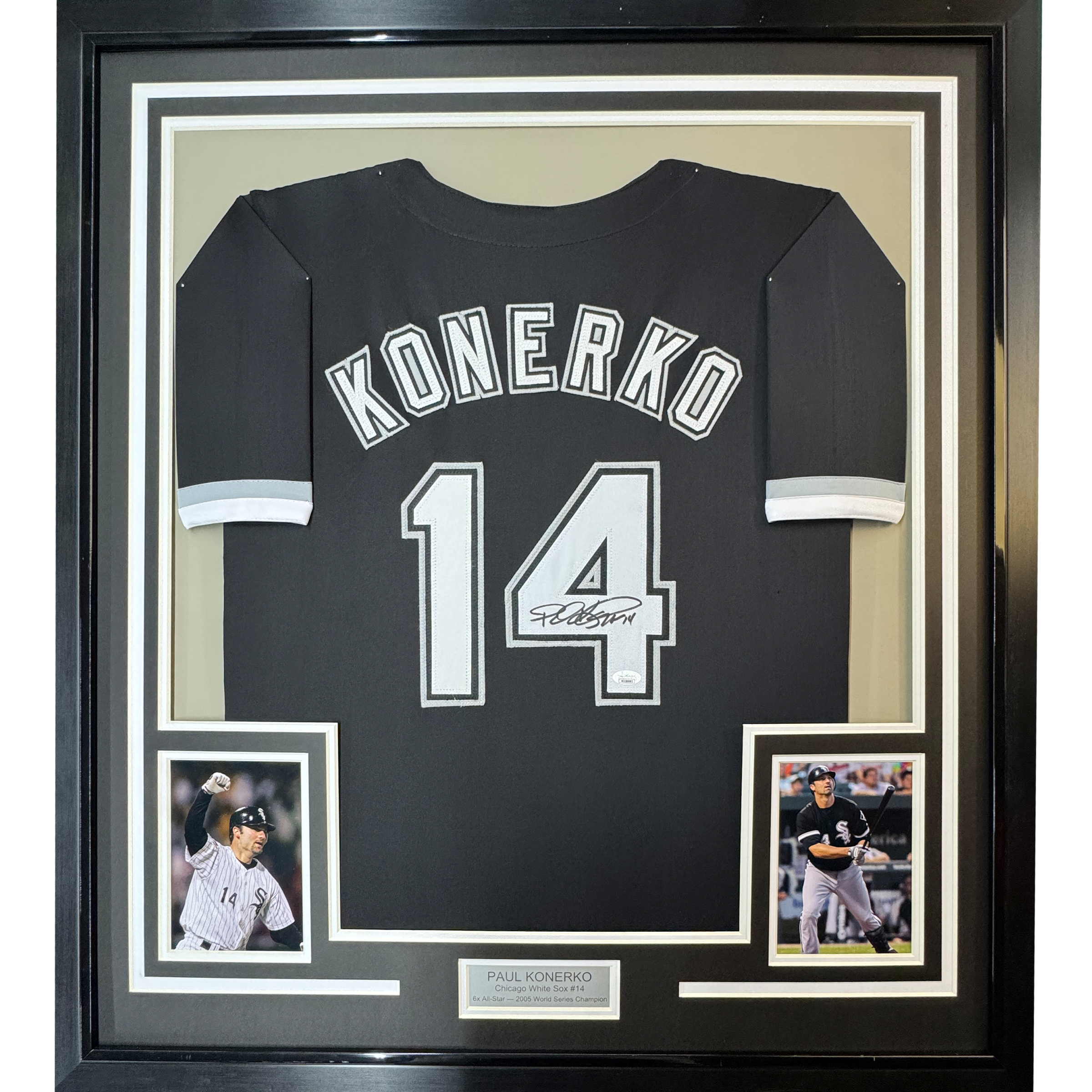 Framed Autographed/Signed Paul Konerko 35x39 Chicago Black Baseball Jersey JSA COA