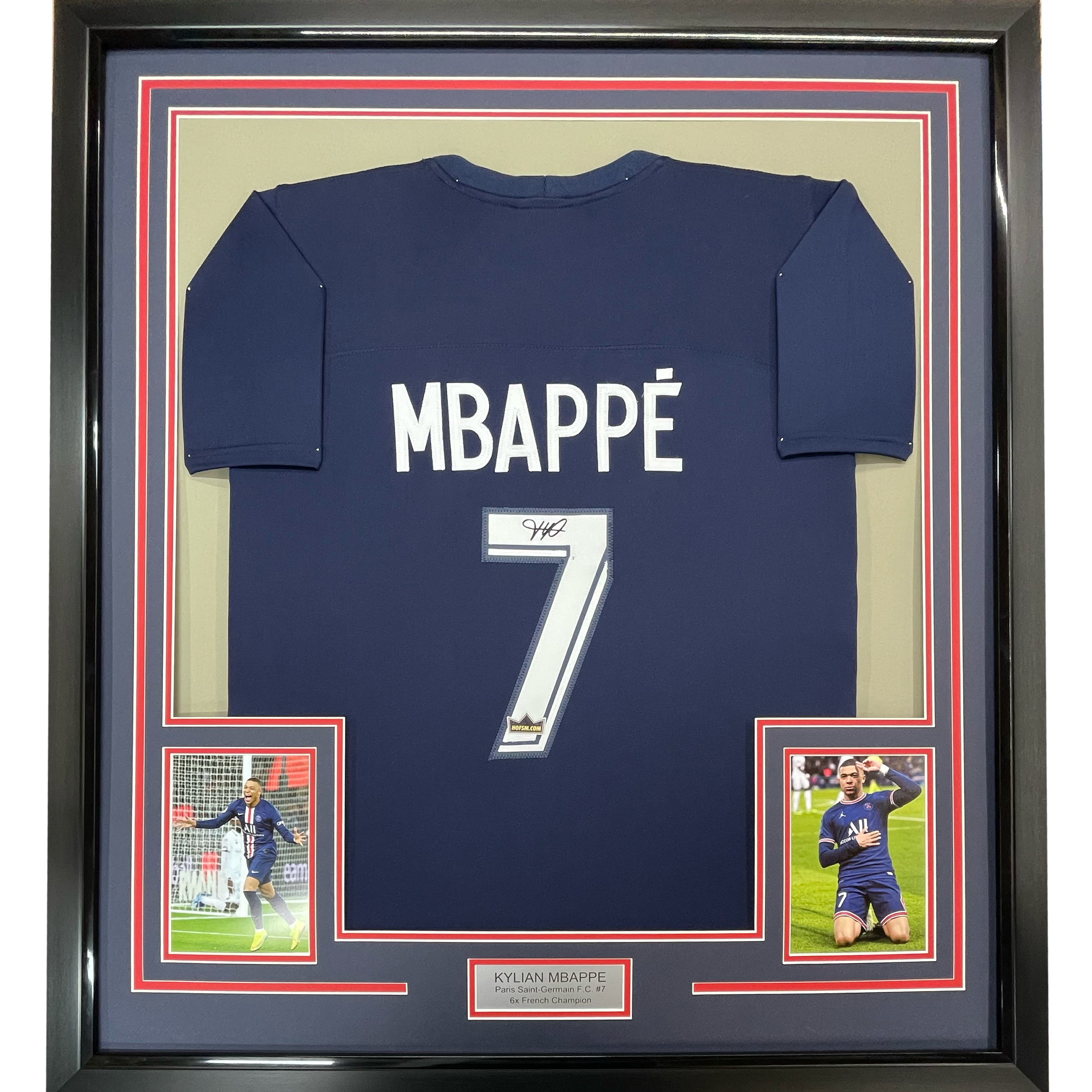 Framed Facsimile Autographed Kylian Mbappe 35x39 PSG Blue Reprint Laser Auto Soccer Jersey