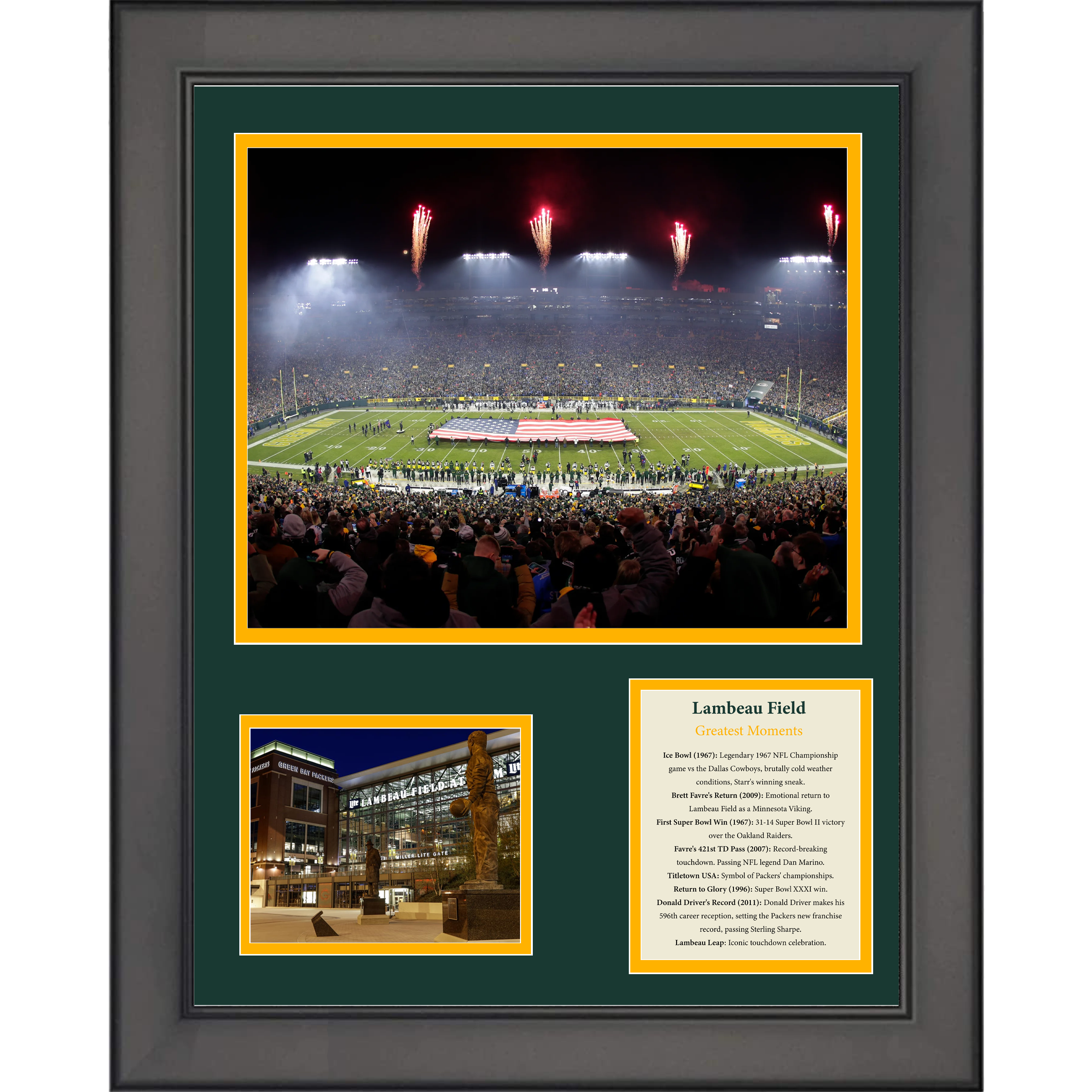 Framed Greatest Moments at Lambeau Field Green Bay Packers 11"x14" Football Three Photo Collage