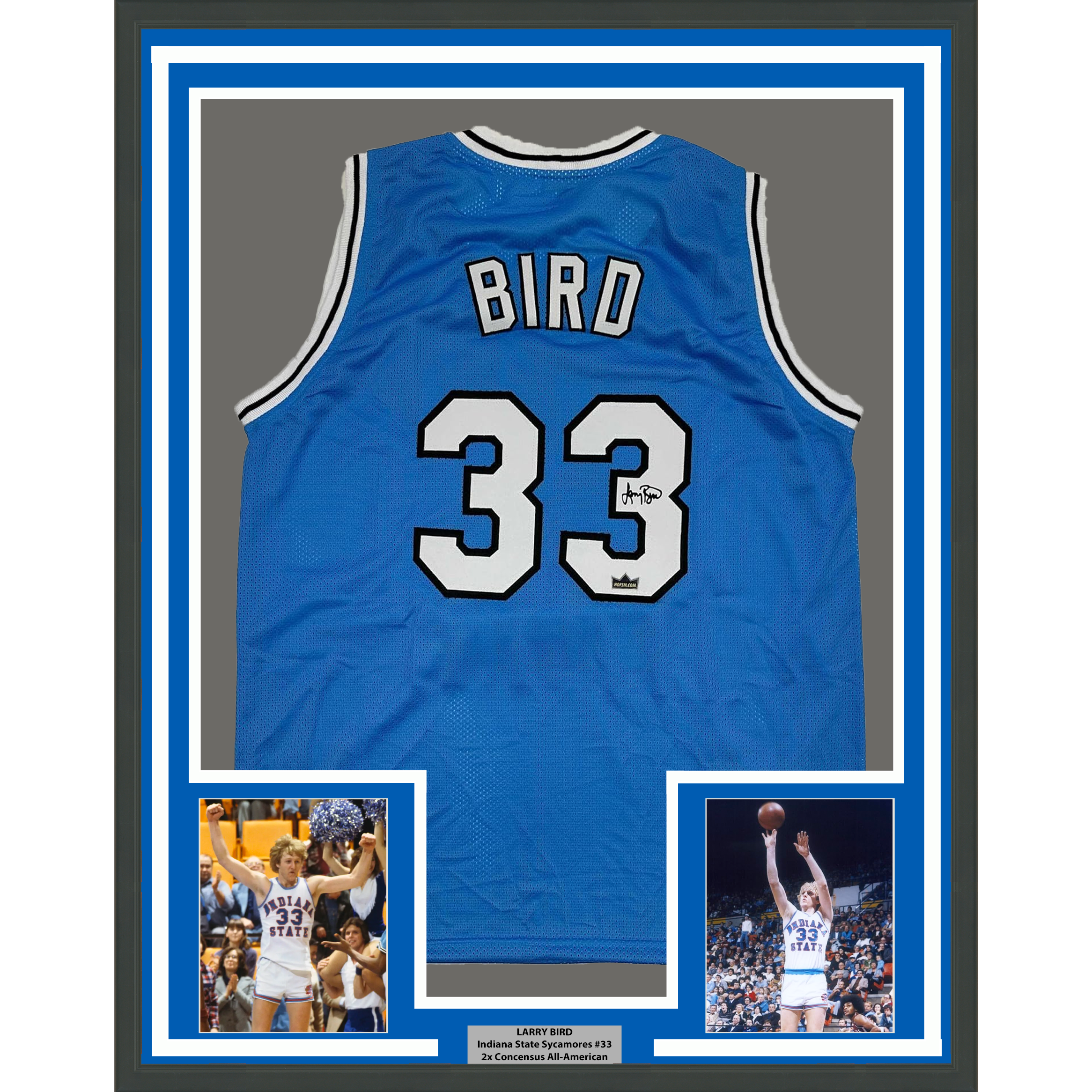Framed Facsimile Autographed Larry Bird 35x39 Indiana State Blue Reprint Laser Auto College Basketball Jersey