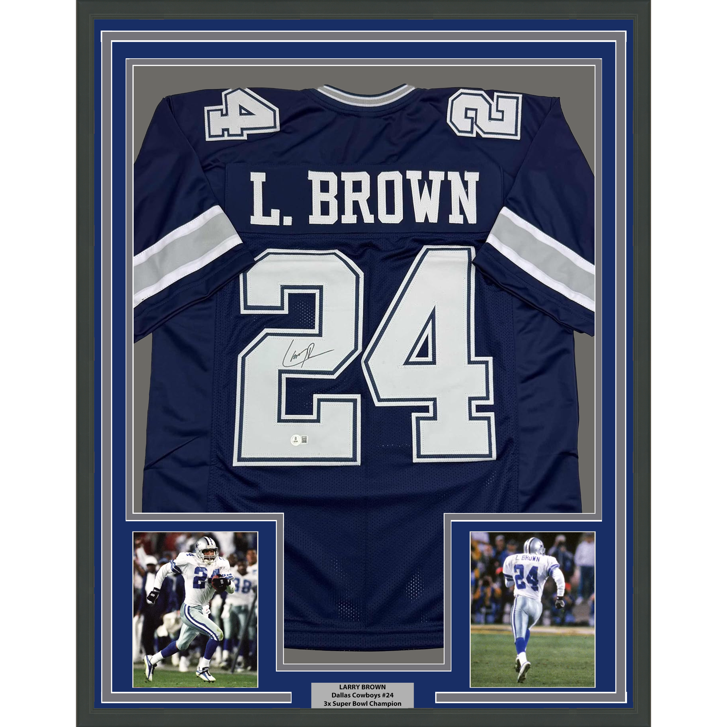 Framed Autographed/Signed Larry Brown 35x39 Dallas Blue Football Jersey Beckett BAS COA