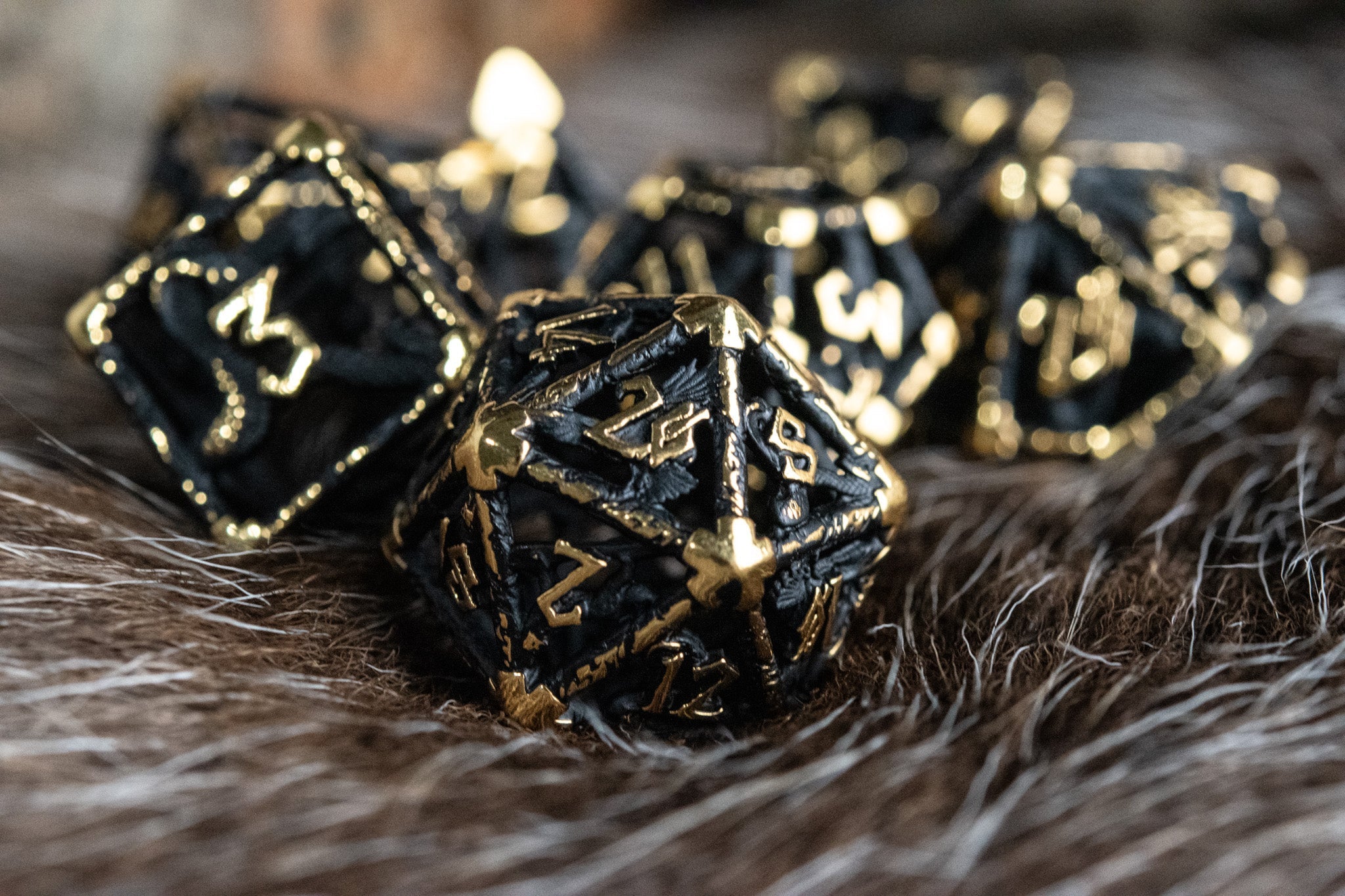 Legends of Valhalla - Matte Black and Gold Hollow Metal Dice Set