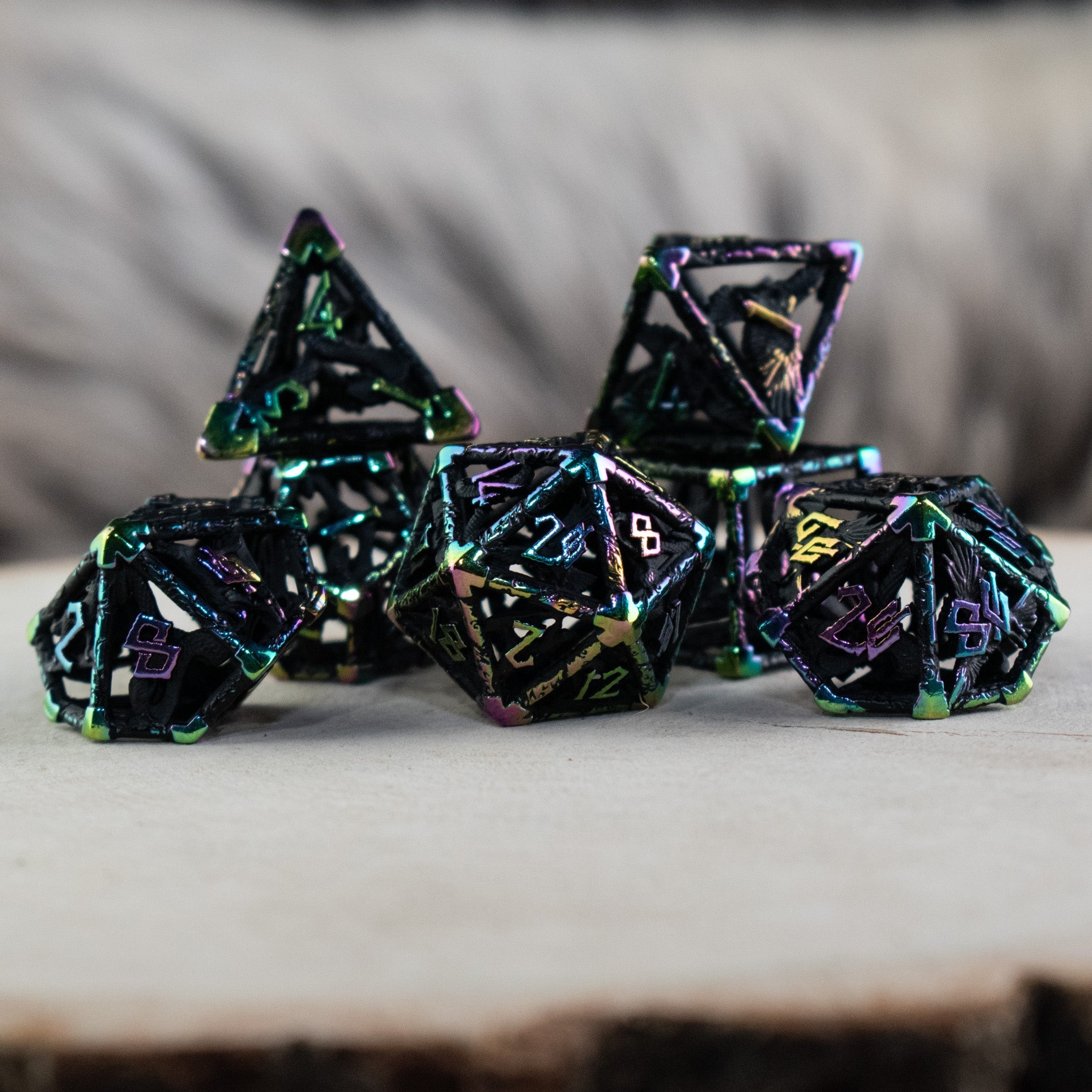 Legends of Valhalla - Matte Black and Iridescent Hollow Metal Dice Set
