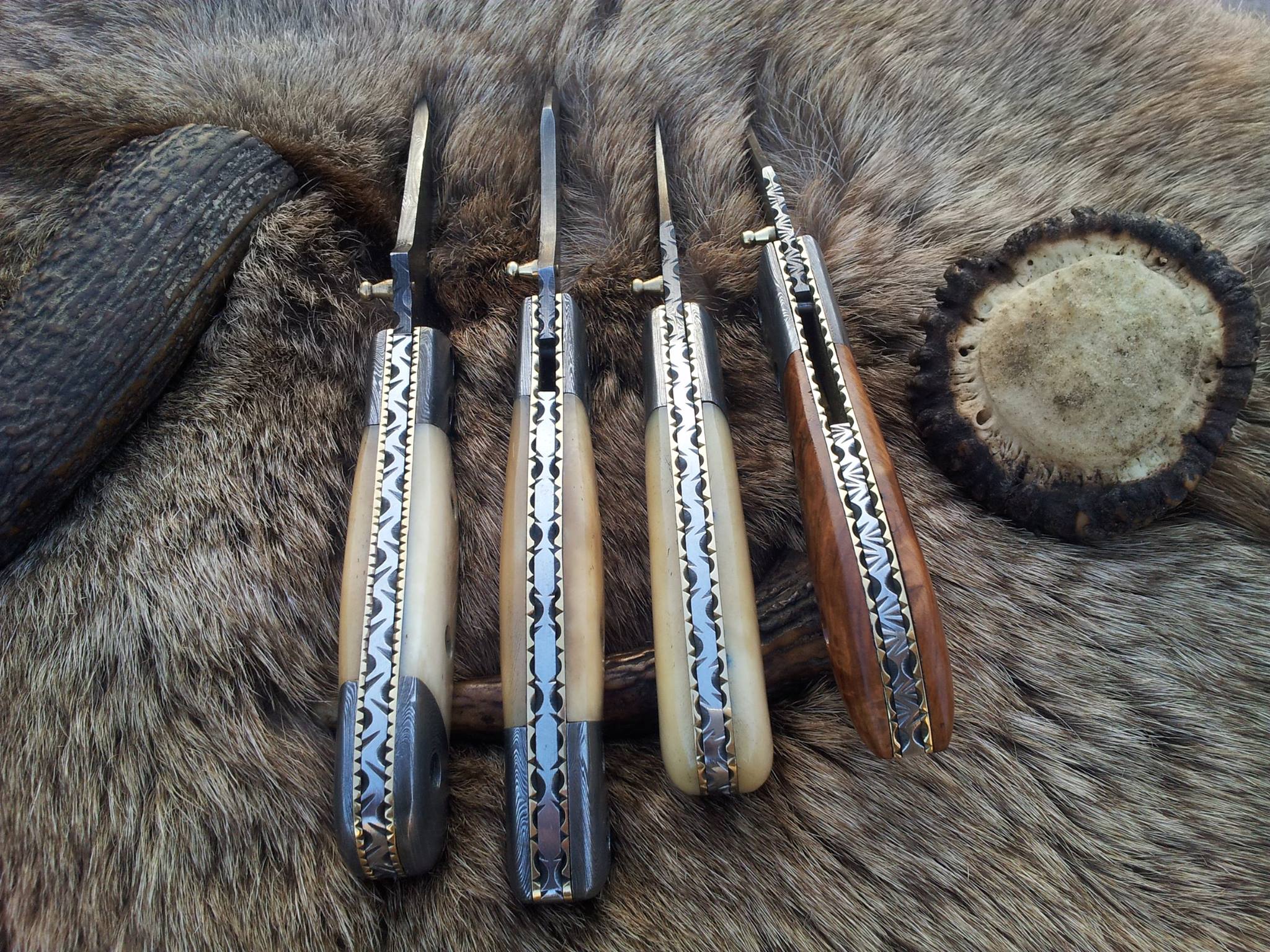 Everyday Carry Deal of 3 Damascus Steel Folding Pocket Knives with Bone and Burl Olivewood Handles – The Trio Edge