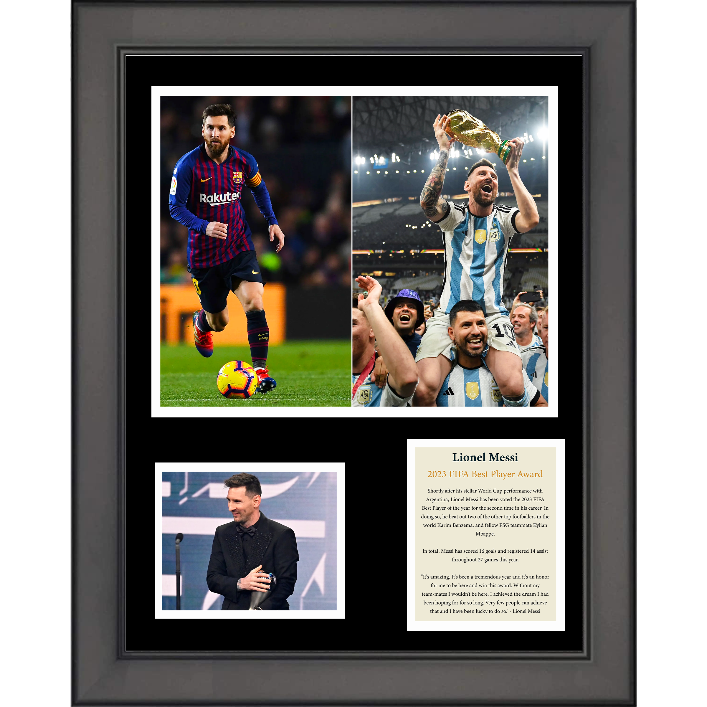 Framed Lionel Messi 2023 FIFA Best Player Award Soccer Futbol 11"x14" Three Photo Collage