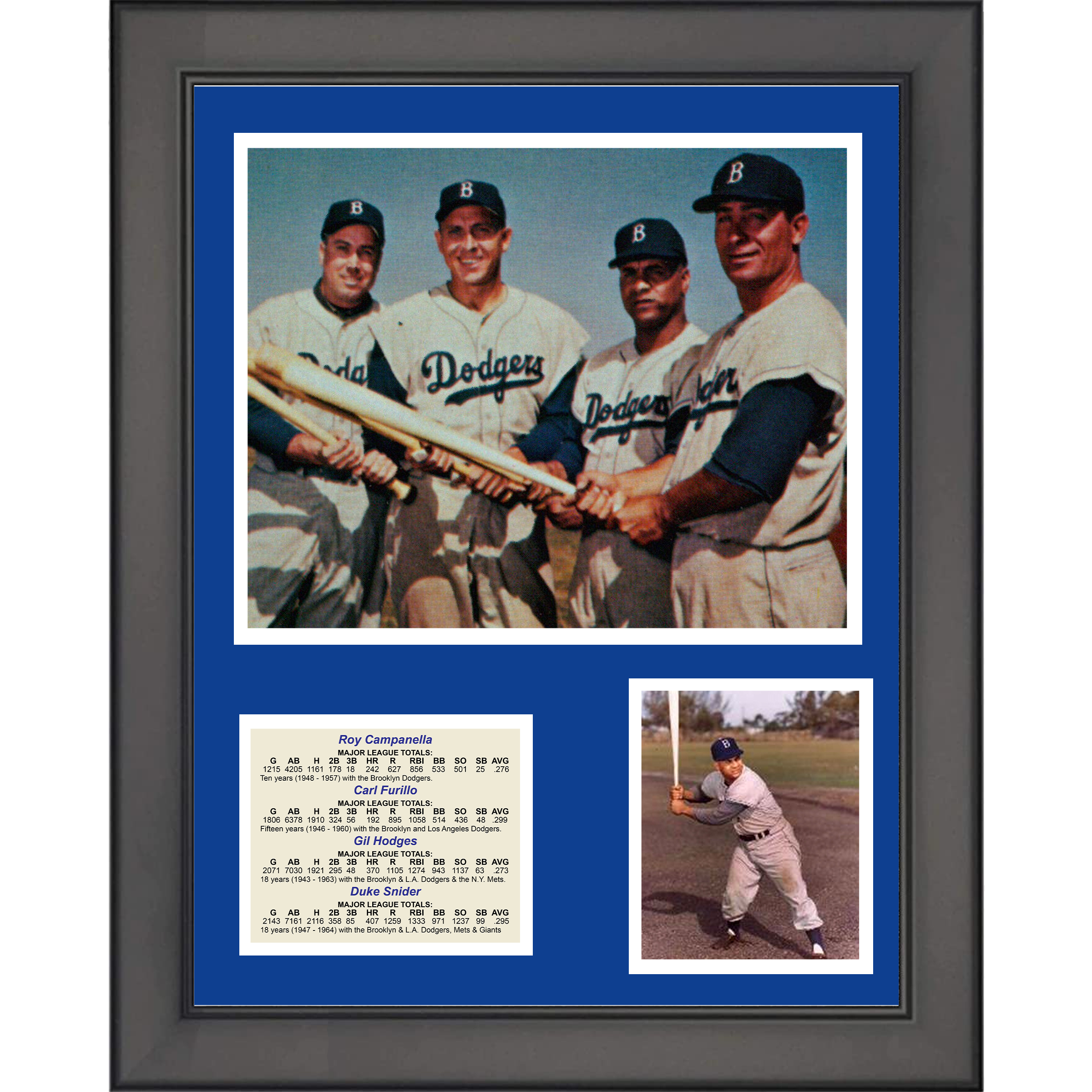 Framed Brooklyn Dodgers Baseball Big 4 Roy Campanella, Carl Furillo, Gil Hodges and Duke Snider 11"x14" Three Photo Collage