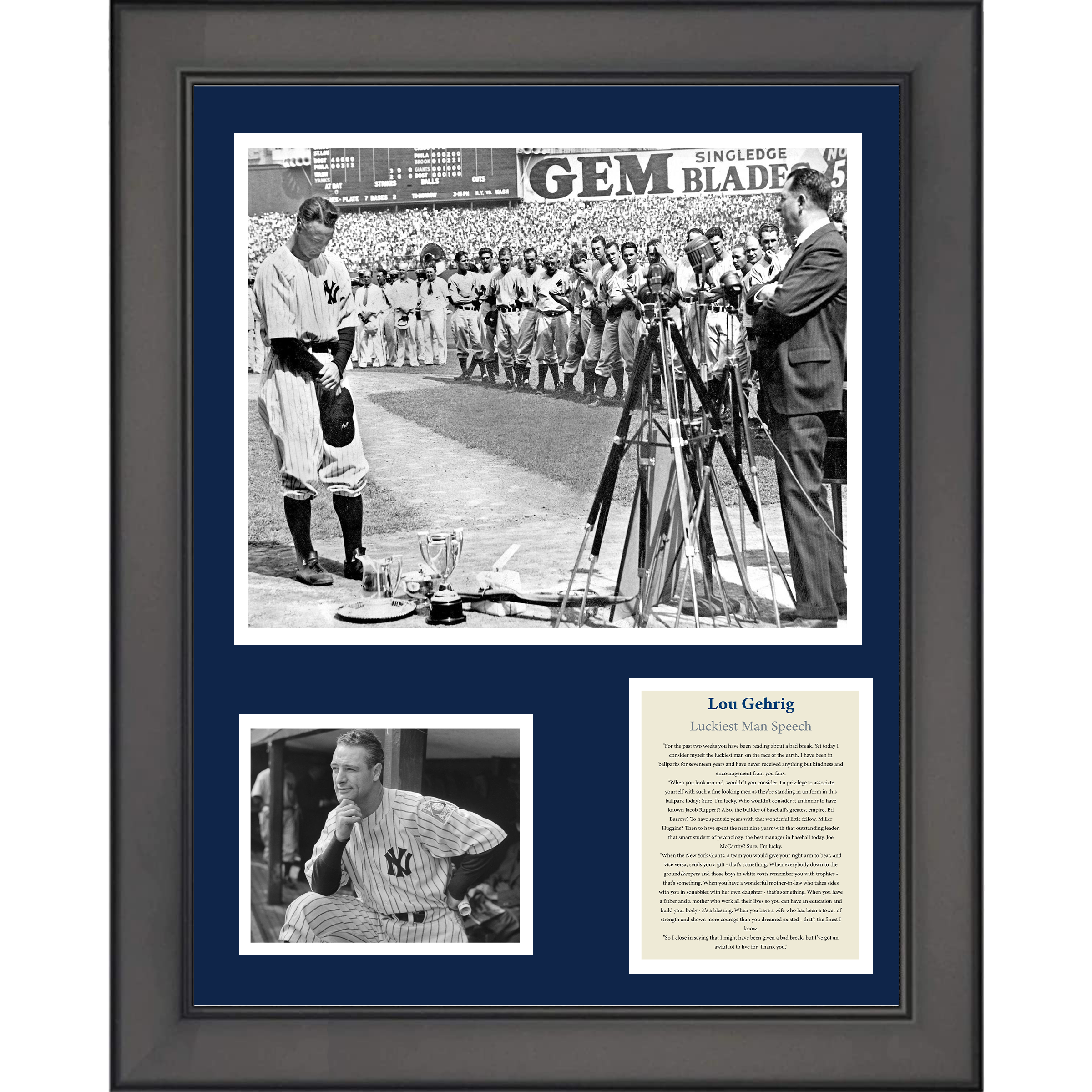 Framed Lou Gehrig Luckiest Man Speech New York Yankees Baseball 11"x14" Three Photo Collage