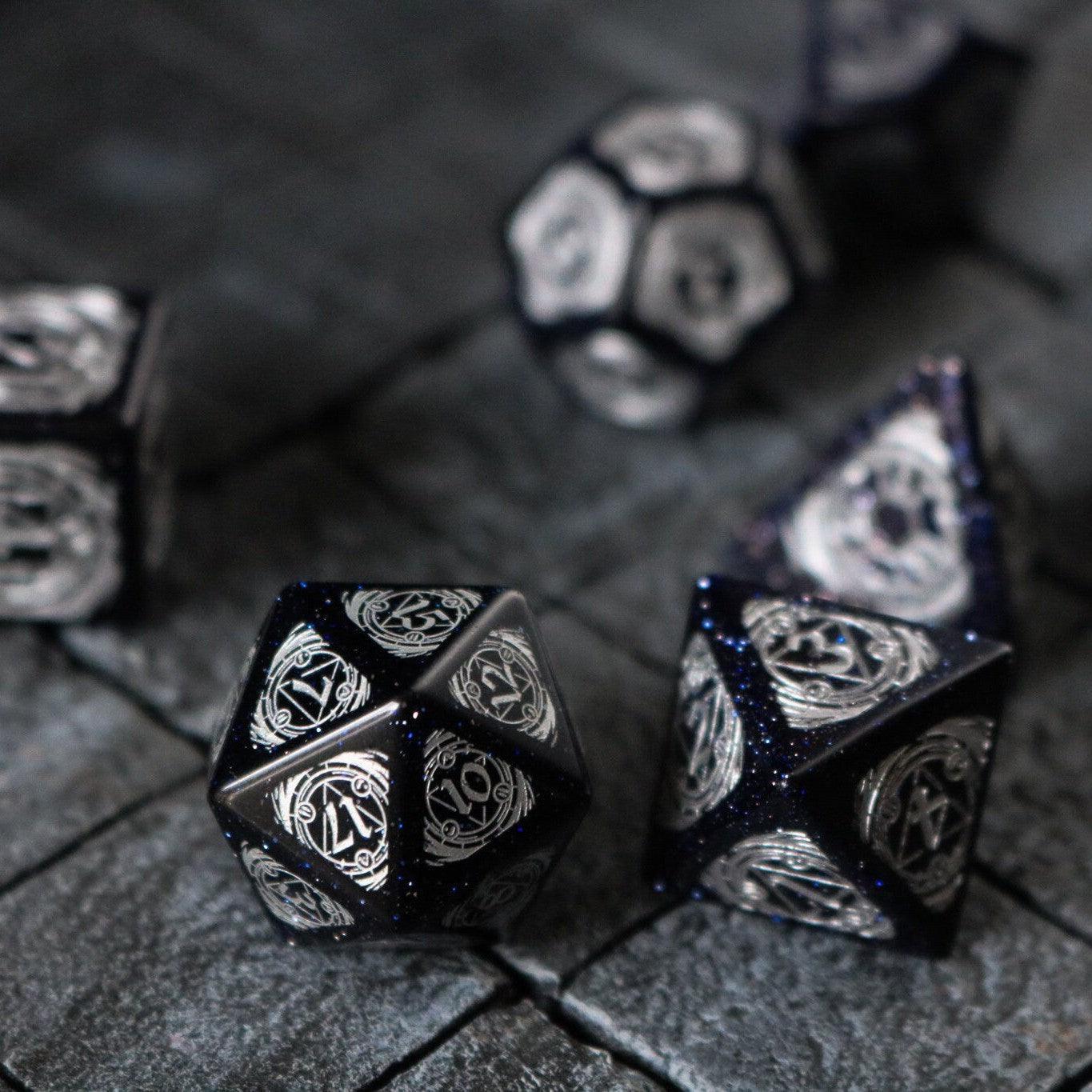 Mage Fury Blue Sandstone Silver Font Gemstone DND Dice Set