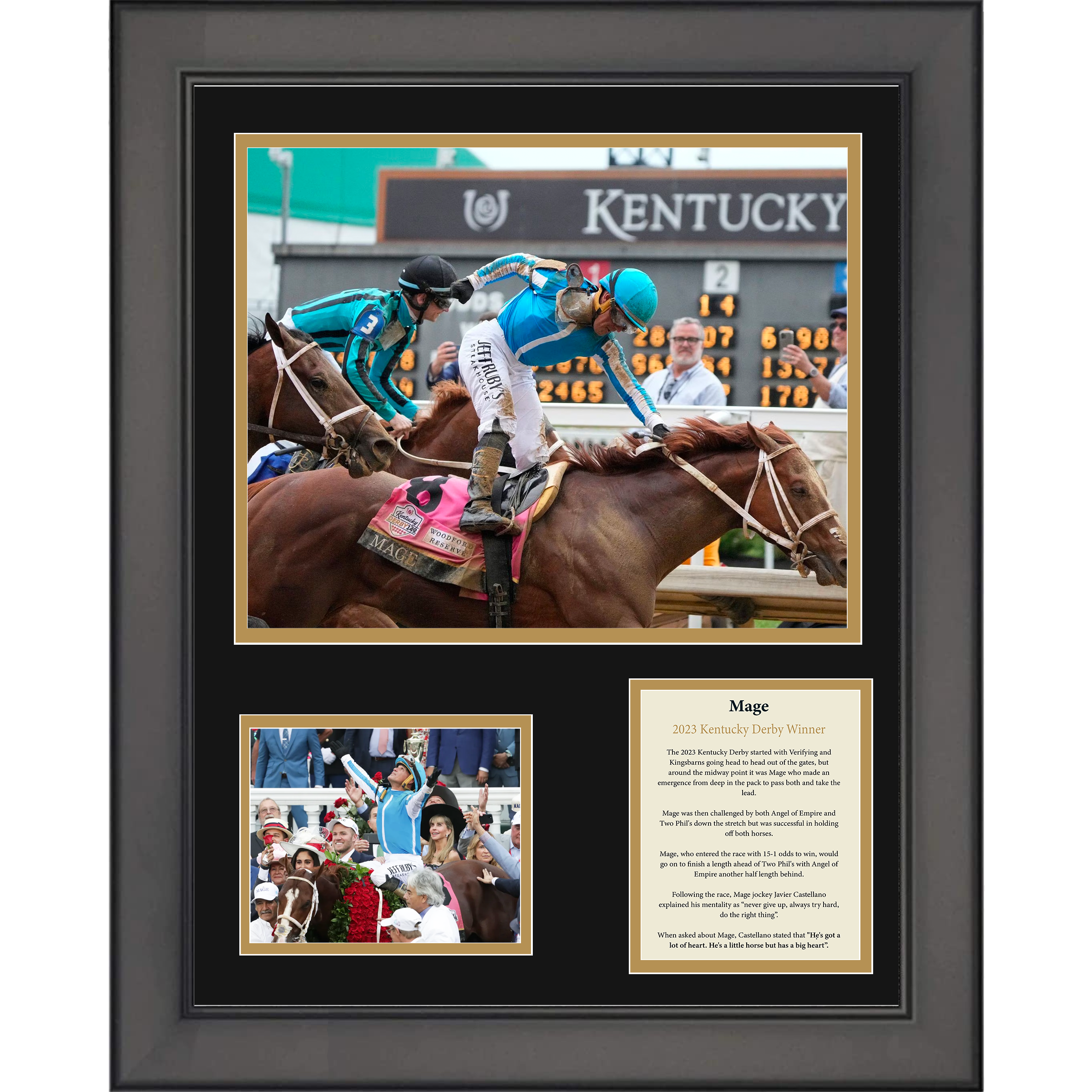 Framed Mage and Javier Castellano 2023 Kentucky Derby Winner 11"x14" Horse Racing Three Photo Collage