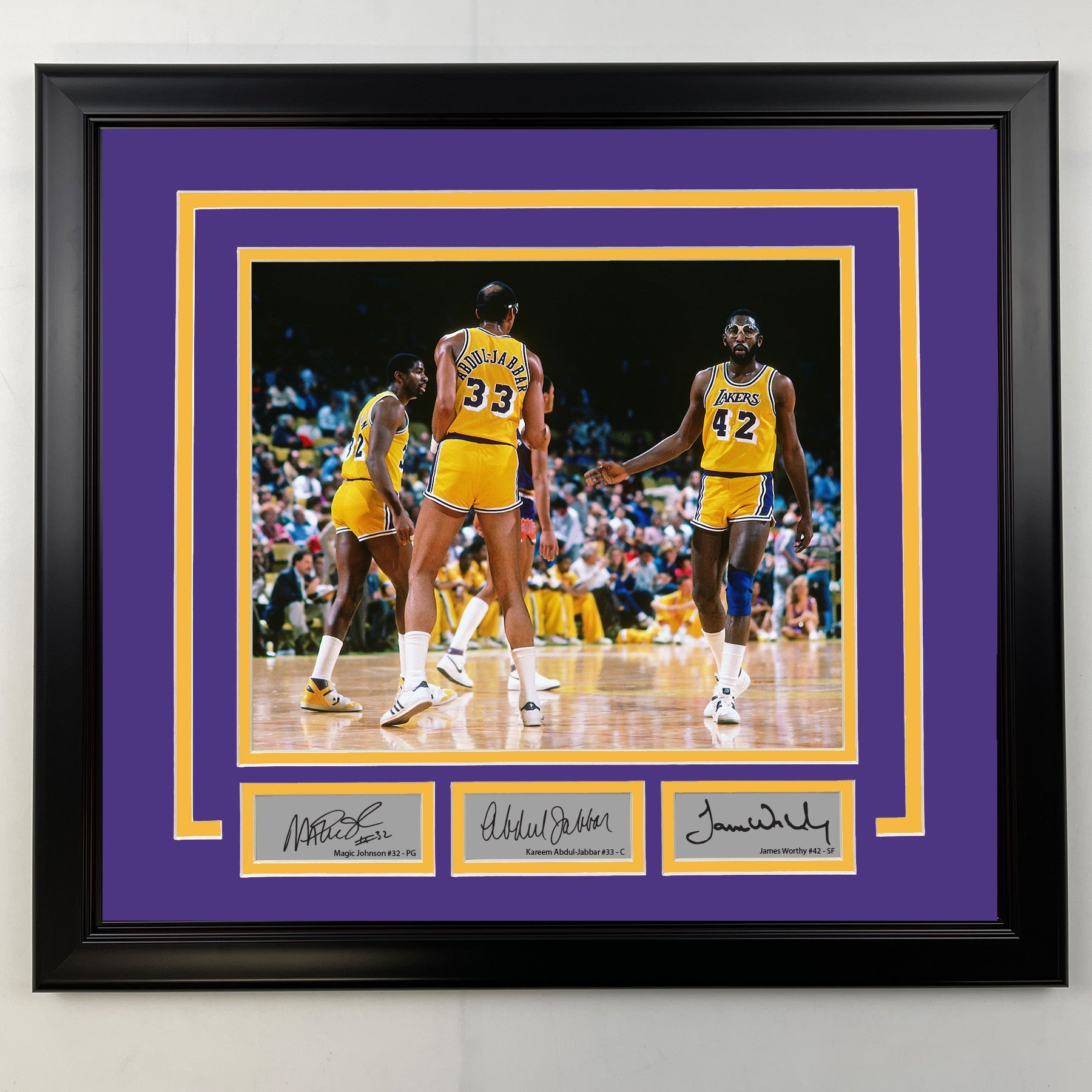 Framed Magic Johnson, Kareem Abdul-Jabbar and James Worthy Facsimile Laser Engraved Signatures Los Angeles Lakers 19x21 Basketball Photo
