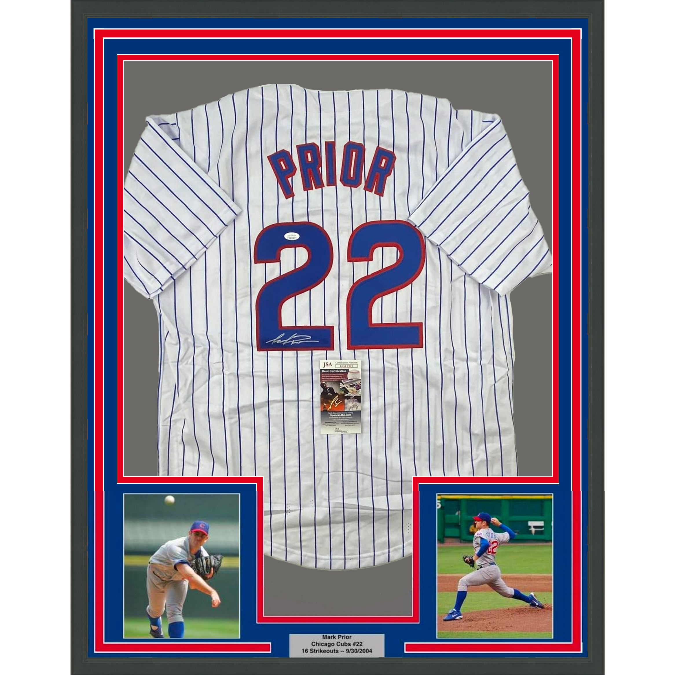 Framed Autographed/Signed Mark Prior 35x39 Chicago Pinstripe Baseball Jersey JSA COA