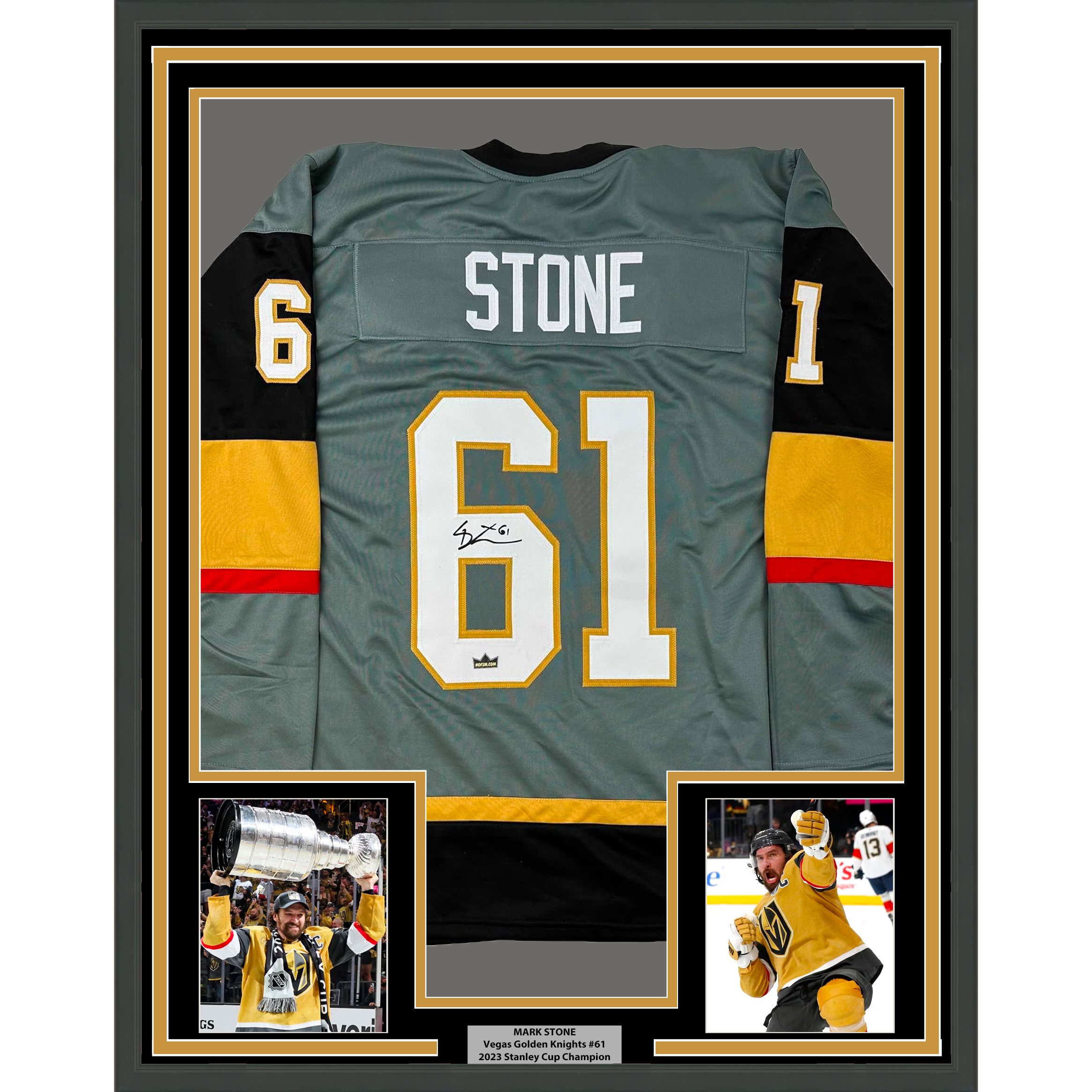 Framed Facsimile Autographed Mark Stone 35x39 Vegas Grey Reprint Laser Auto Hockey Jersey