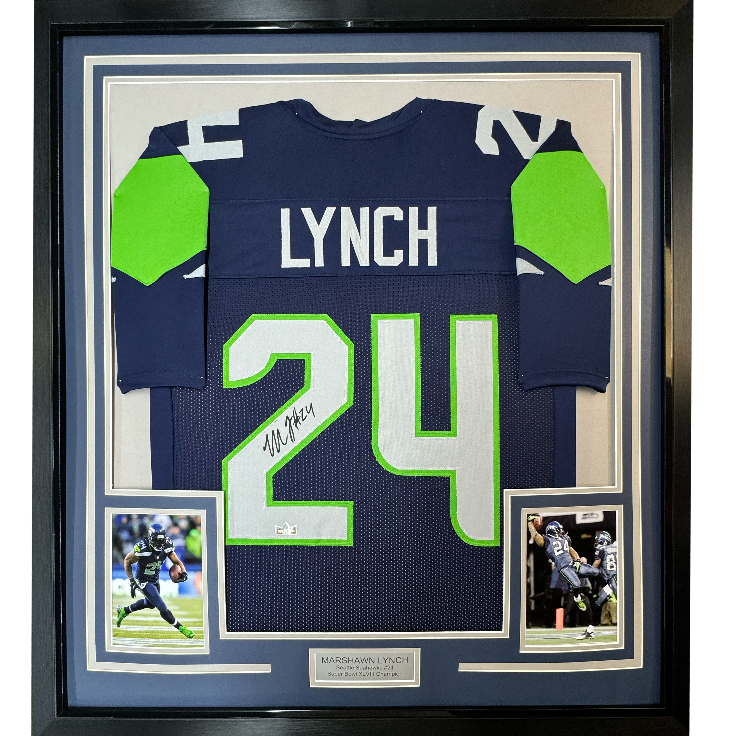 Framed Facsimile Autographed Marshawn Lynch 35x39 Seattle Blue Reprint Laser Auto Football Jersey