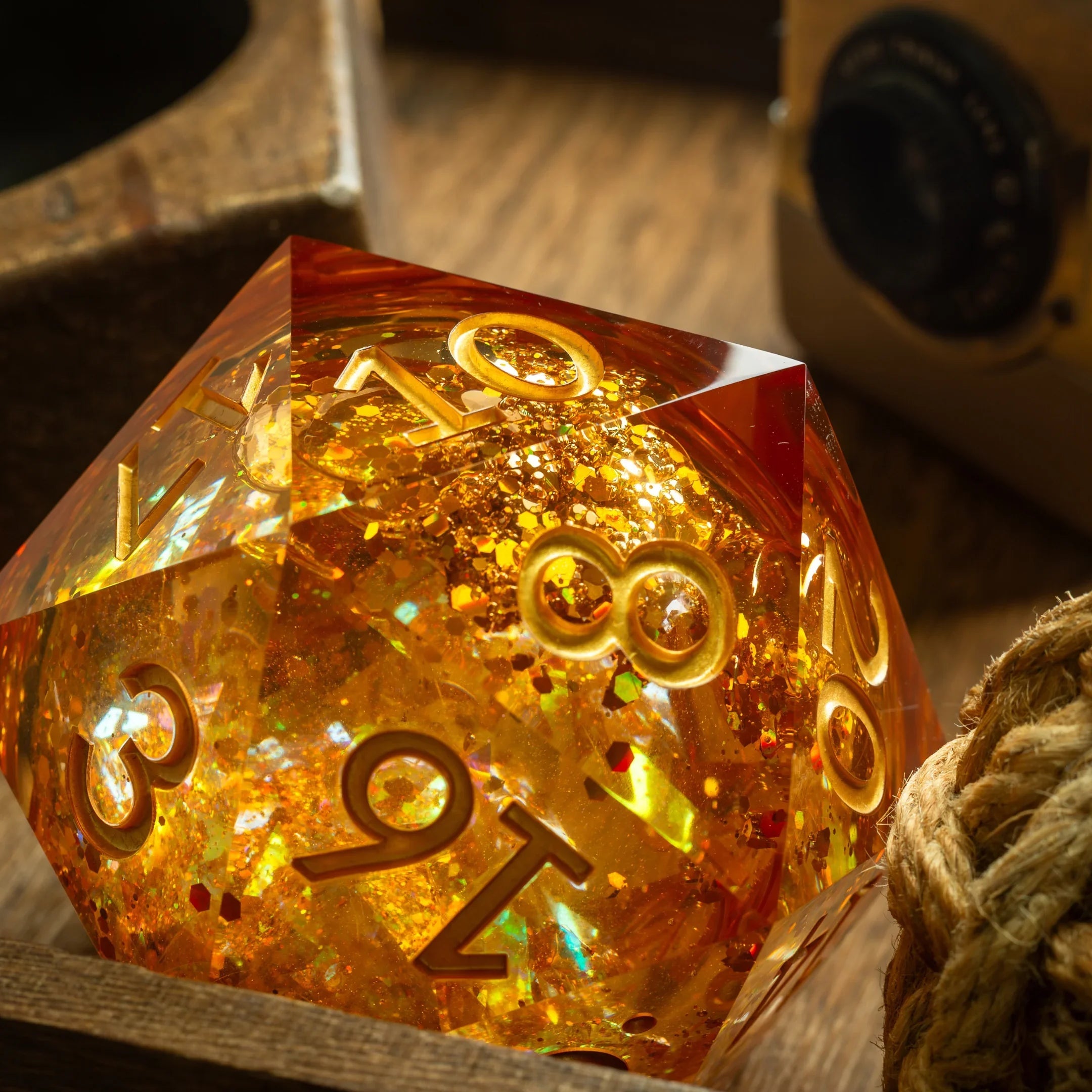 Massive Gold And Glitter Fireball Liquid Core 95MM Chonk Handmade Resin Dice And Box