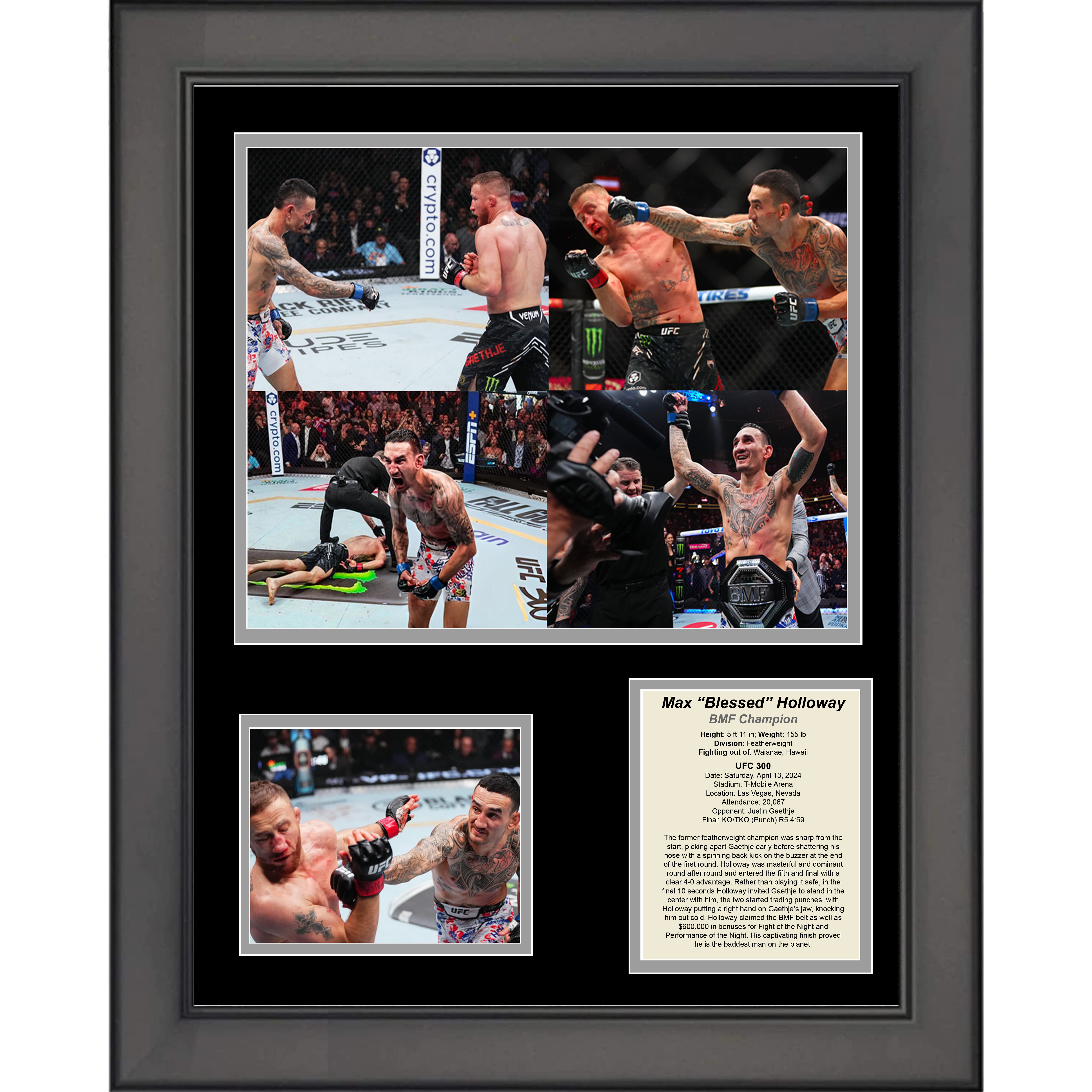 Framed Max Holloway BMF Championship vs Justin Gathje UFC 300 MMA 11"x14" Three Photo Collage
