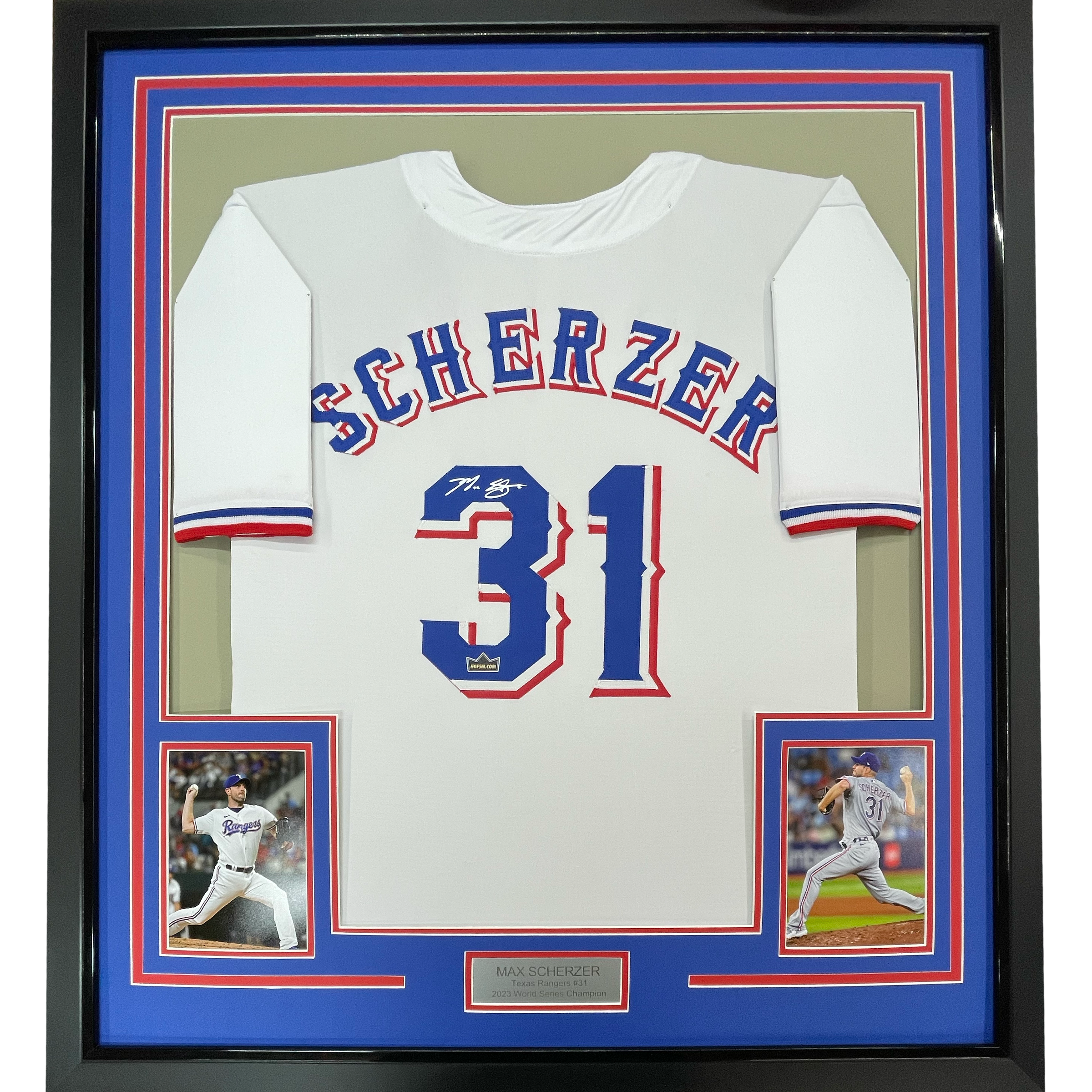 Framed Facsimile Autographed Max Scherzer 35x39 Texas White Reprint Laser Auto Baseball Jersey
