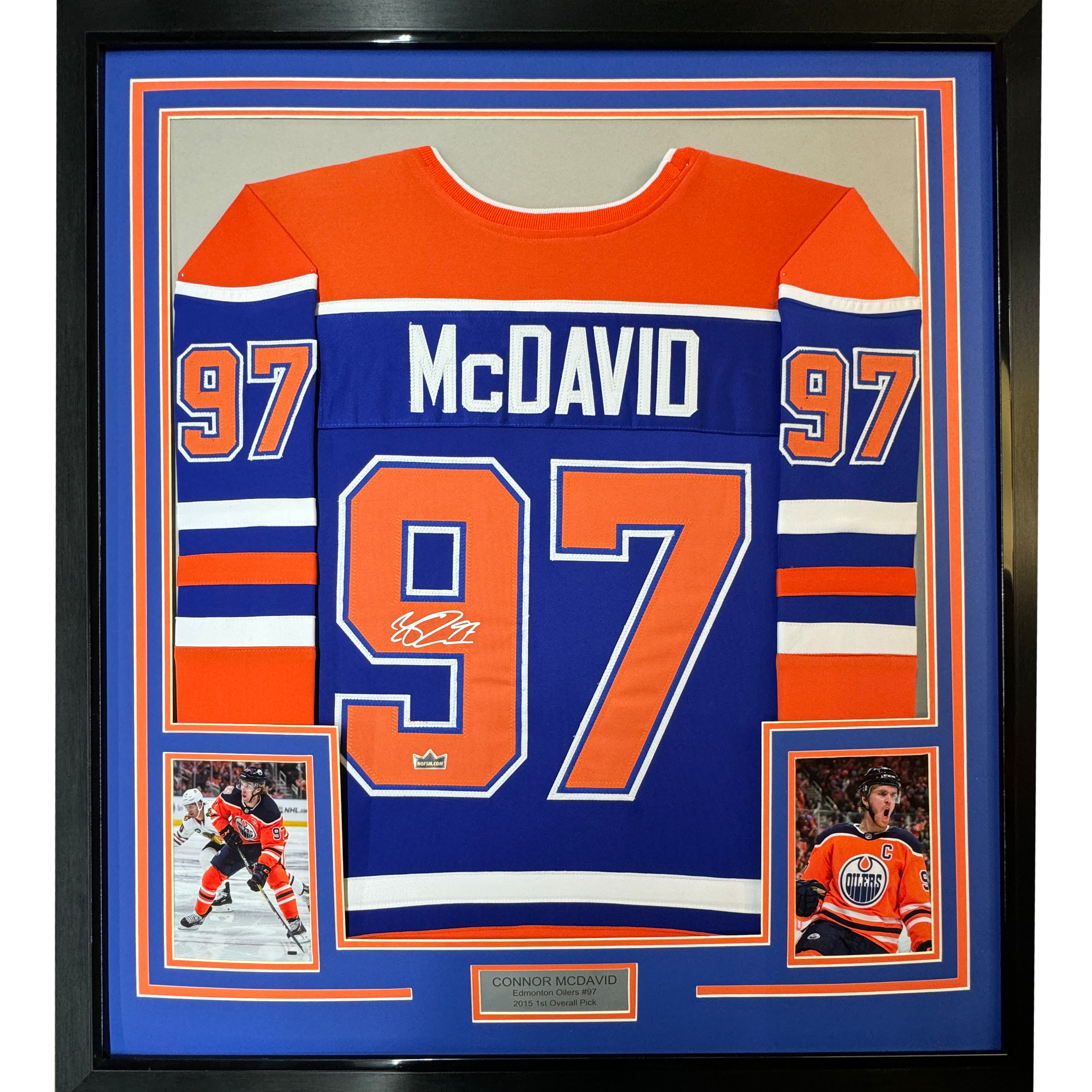Framed Facsimile Autographed Connor McDavid 35x39 Edmonton Blue Reprint Laser Auto Hockey Jersey