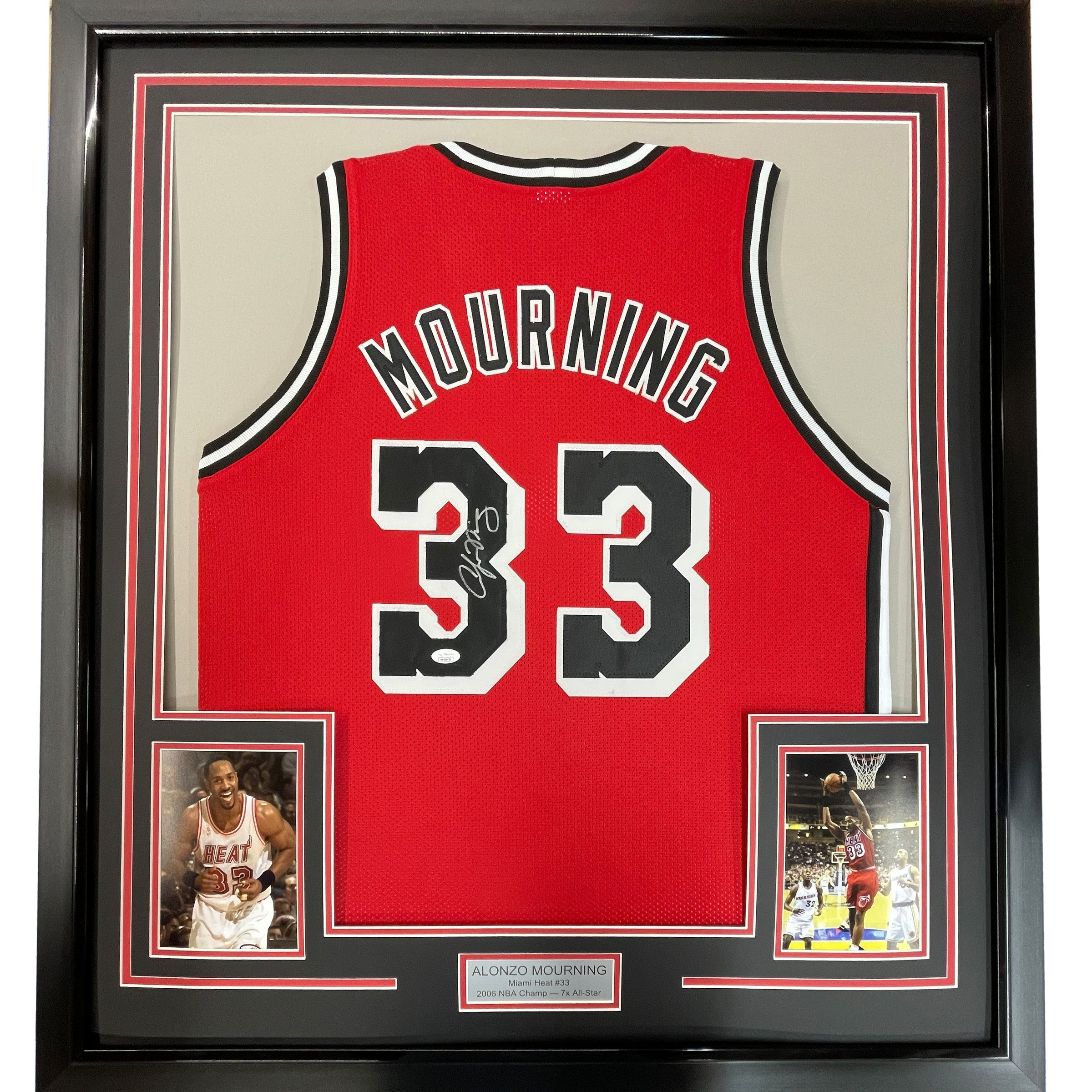 Framed Autographed/Signed Alonzo Mourning 35x39 Miami Red Basketball Jersey JSA COA
