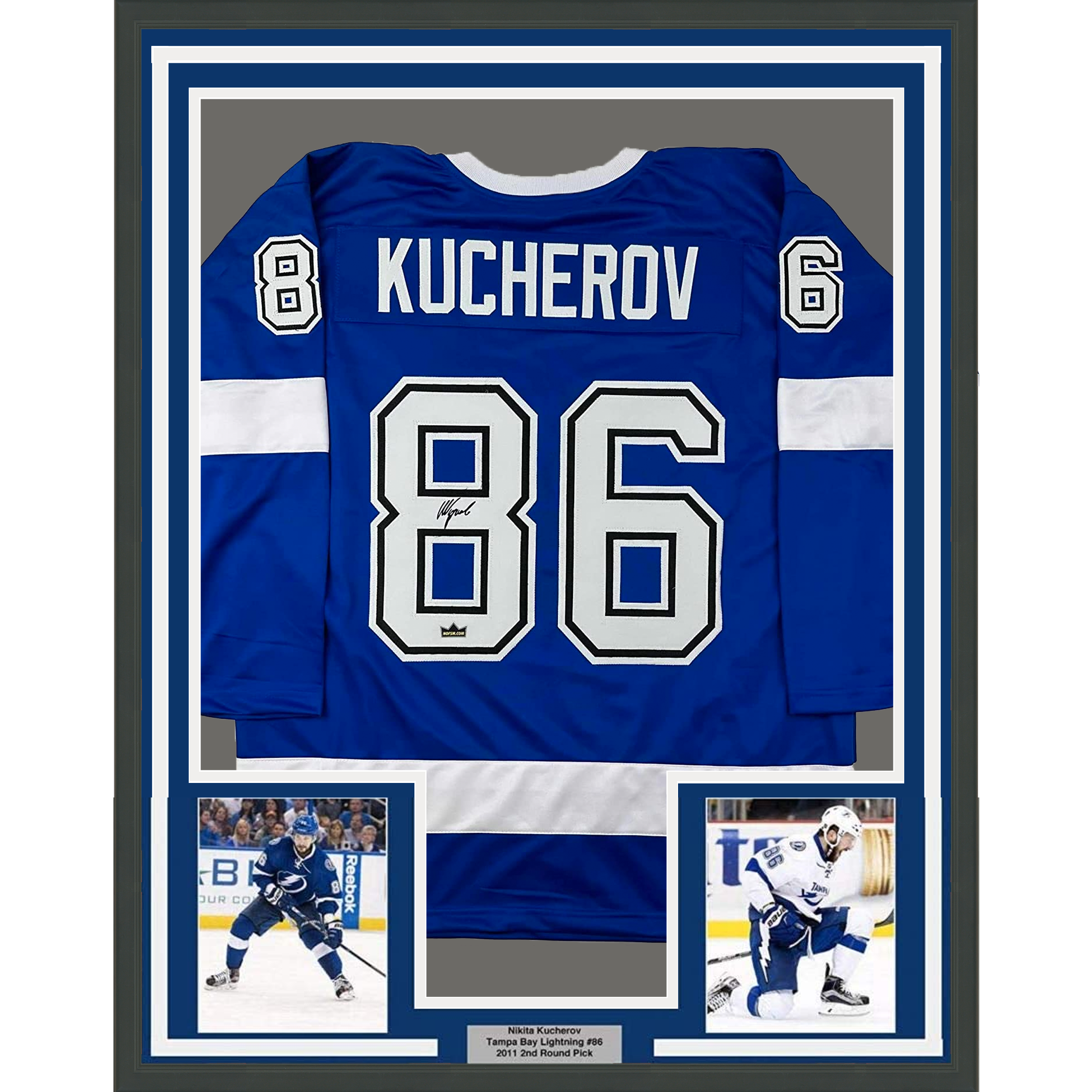 Framed Facsimile Autographed Nikita Kucherov 35x39 Tampa Bay Blue Reprint Laser Auto Hockey Jersey