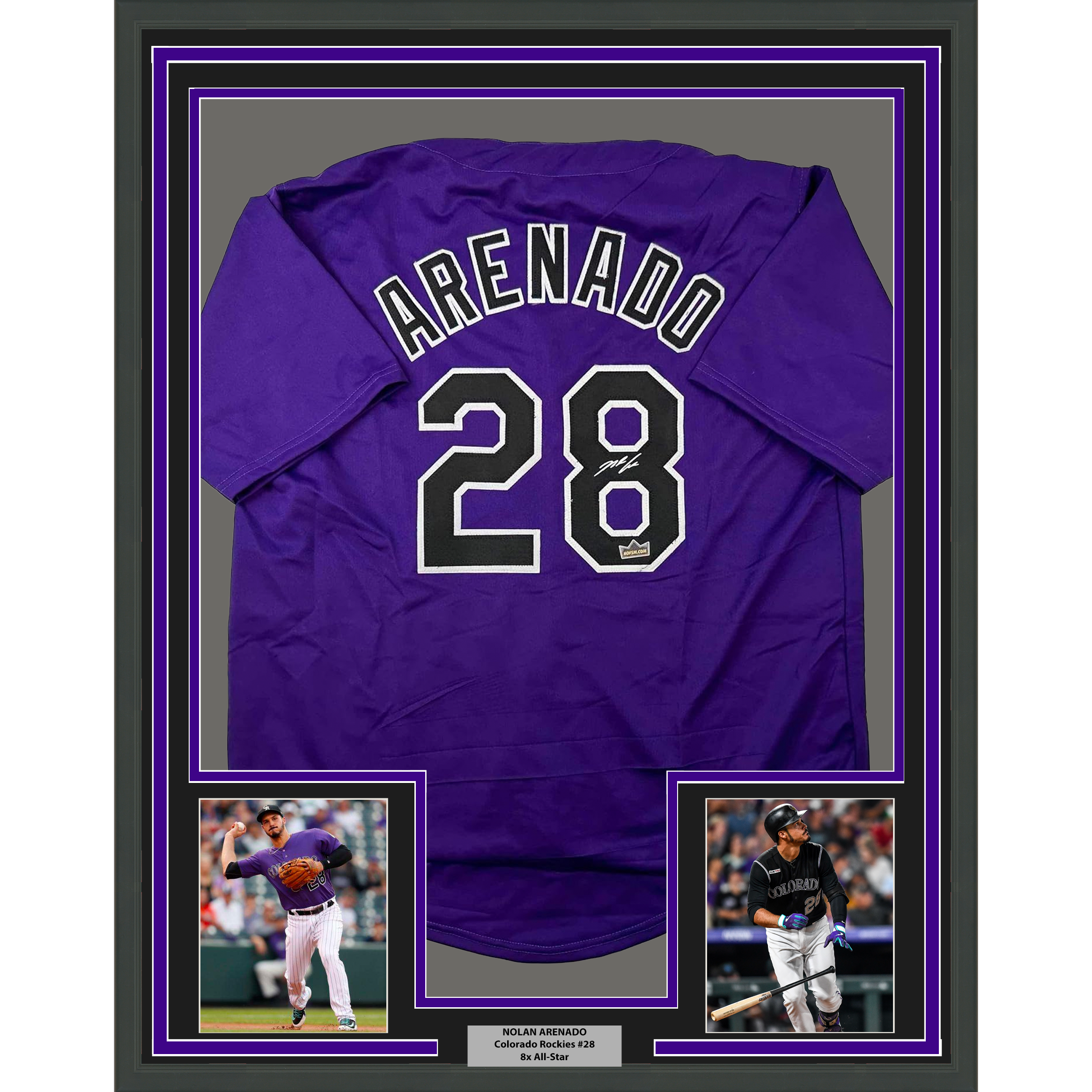 Framed Facsimile Autographed Nolan Arenado 35x39 Colorado Purple Reprint Laser Auto Baseball Jersey