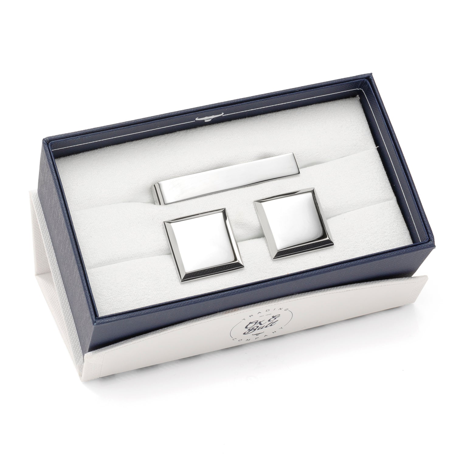 Stainless Steel Beveled Square Engravable Cufflinks and Tie Bar Gift Set