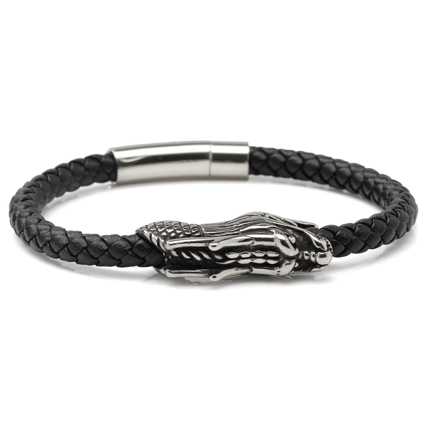 Dragon Head Braided Black Leather Bracelet with Magnetic Closure
