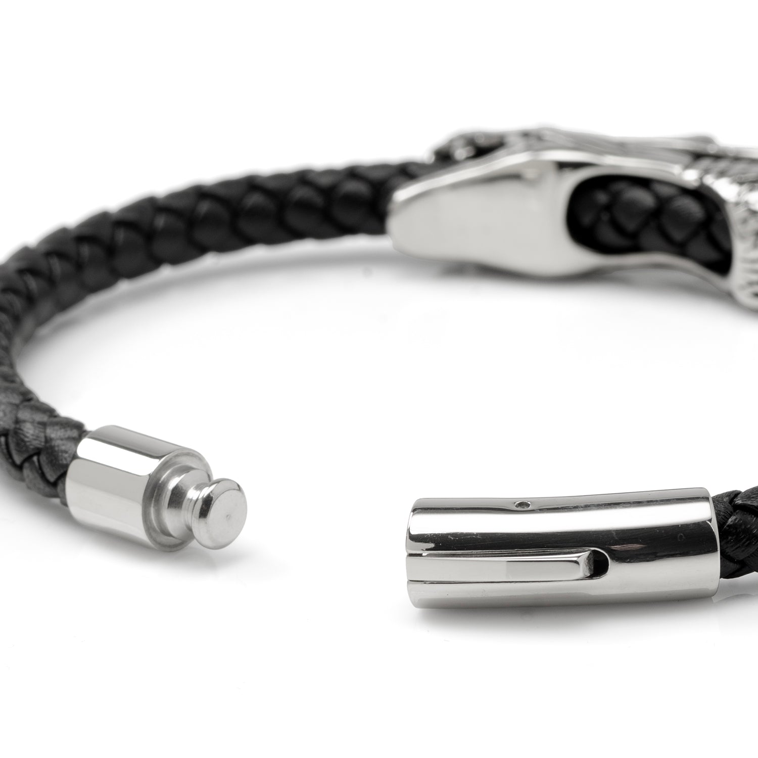 Dragon Head Braided Black Leather Bracelet with Magnetic Closure