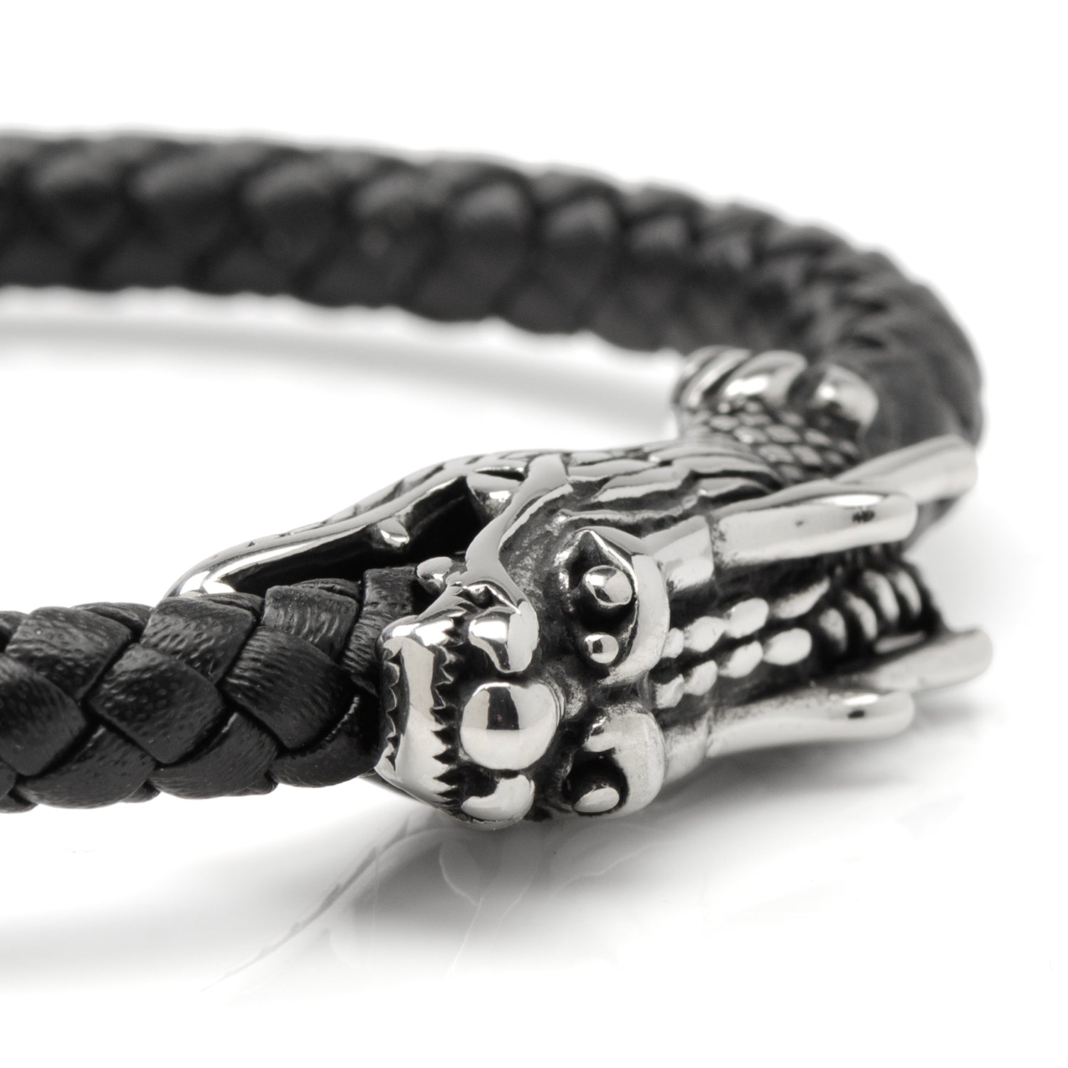 Dragon Head Braided Black Leather Bracelet with Magnetic Closure