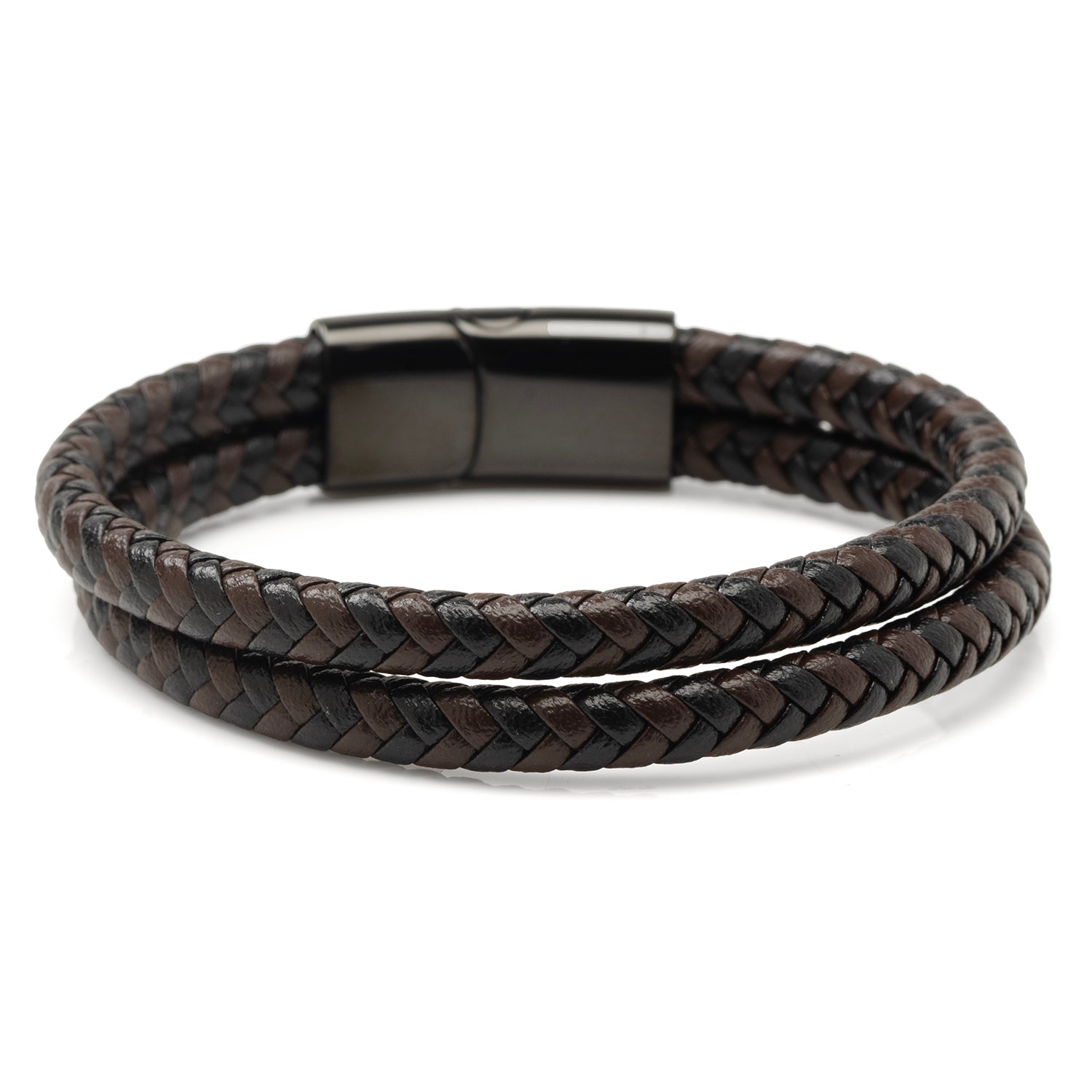 Black and Brown Braided Leather Bracelet with Gunmetal Stainless Steel Magnetic Clasp