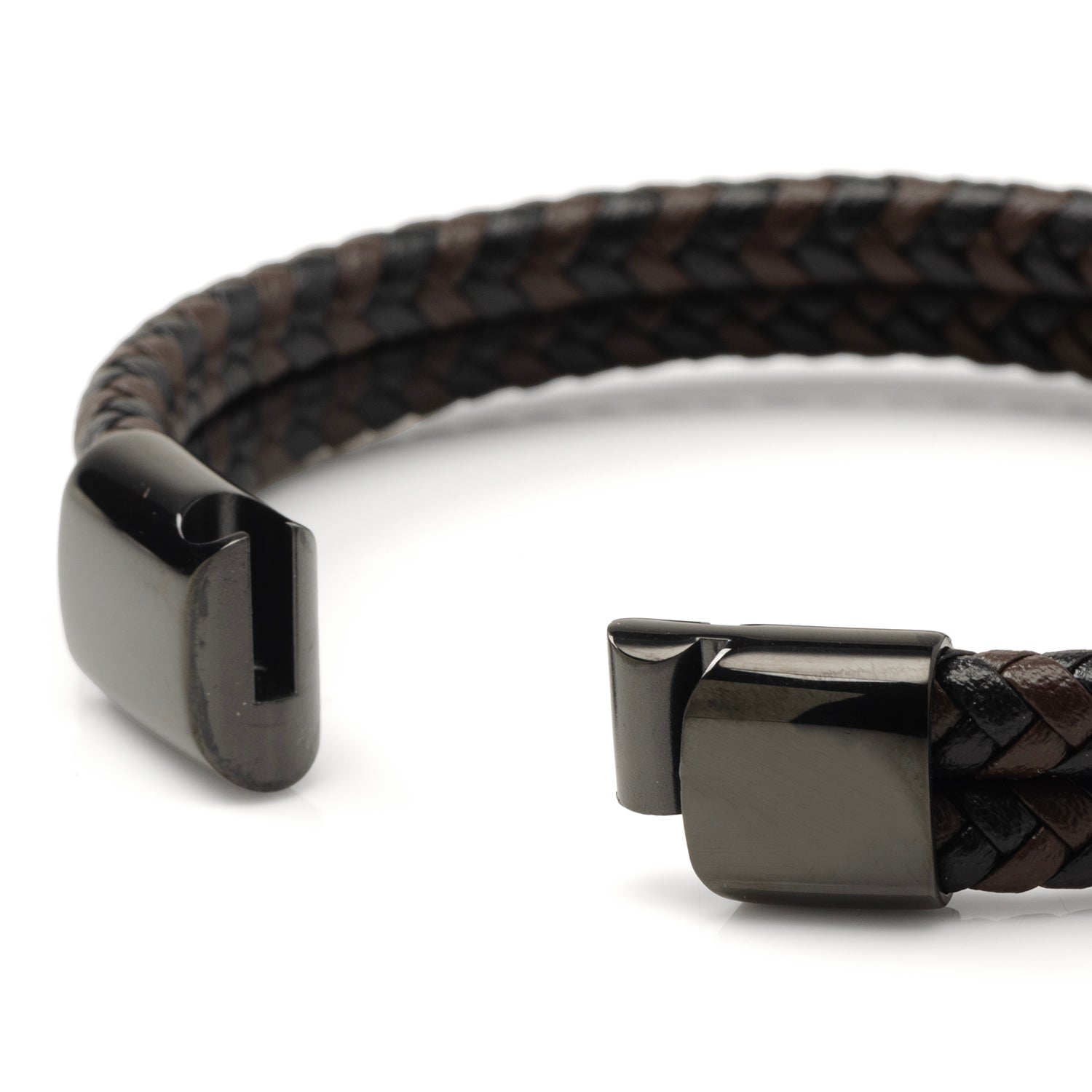 Black and Brown Braided Leather Bracelet with Gunmetal Stainless Steel Magnetic Clasp