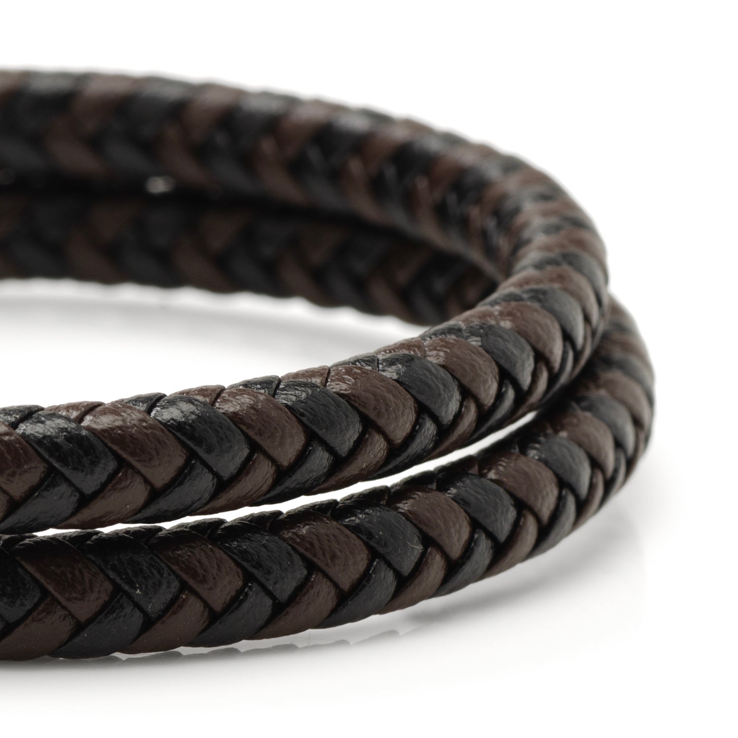 Black and Brown Braided Leather Bracelet with Gunmetal Stainless Steel Magnetic Clasp