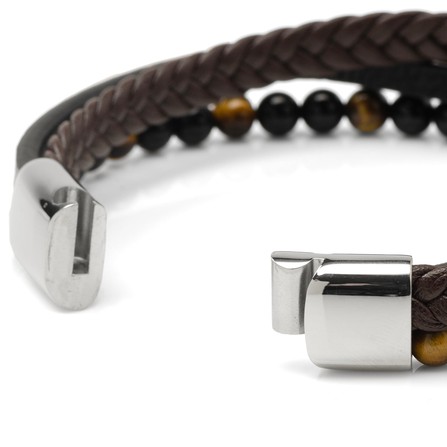 Stainless Steel Stacked Brown Leather Bracelet with Tigers Eye