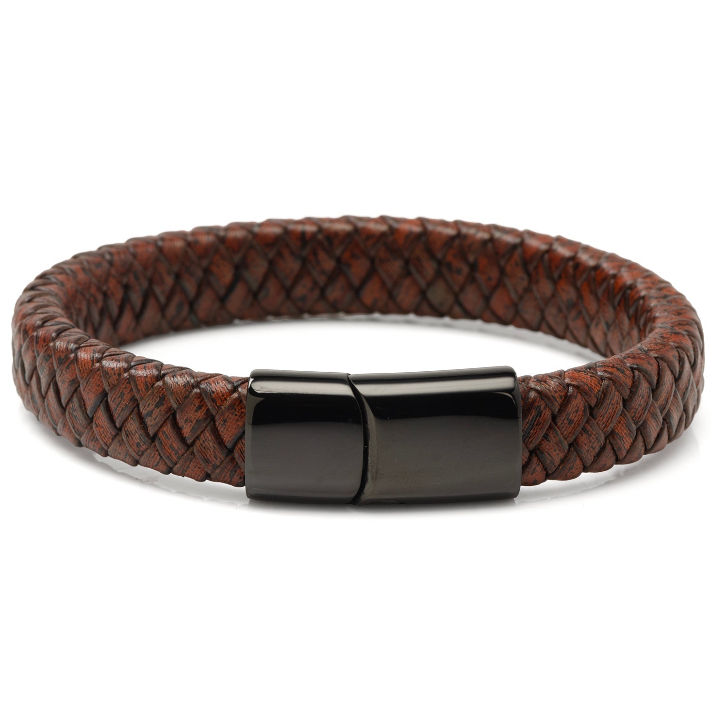 Red Brown Braided Leather Bracelet with Gunmetal Stainless Steel Magnetic Clasp
