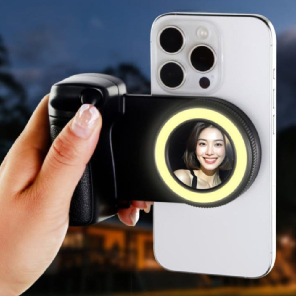 Magnetic Wireless phone Shutter Grip with Light Ring and Selfie Mirror