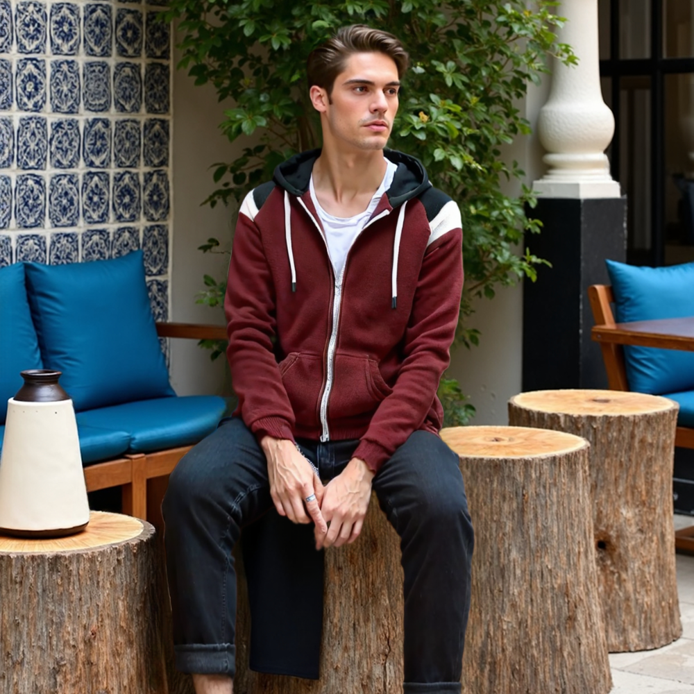 Mens Zipped Up Hoodie with Shoulder Details