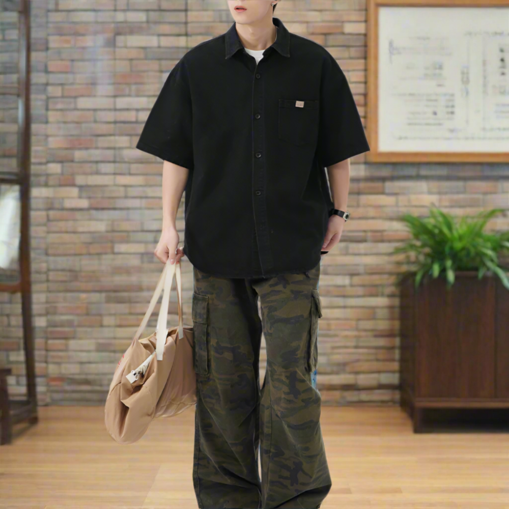 Men 's Over Size Washed Denim Short Sleeve Shirt