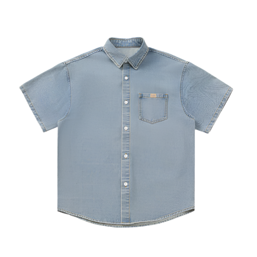 Men 's Over Size Washed Denim Short Sleeve Shirt
