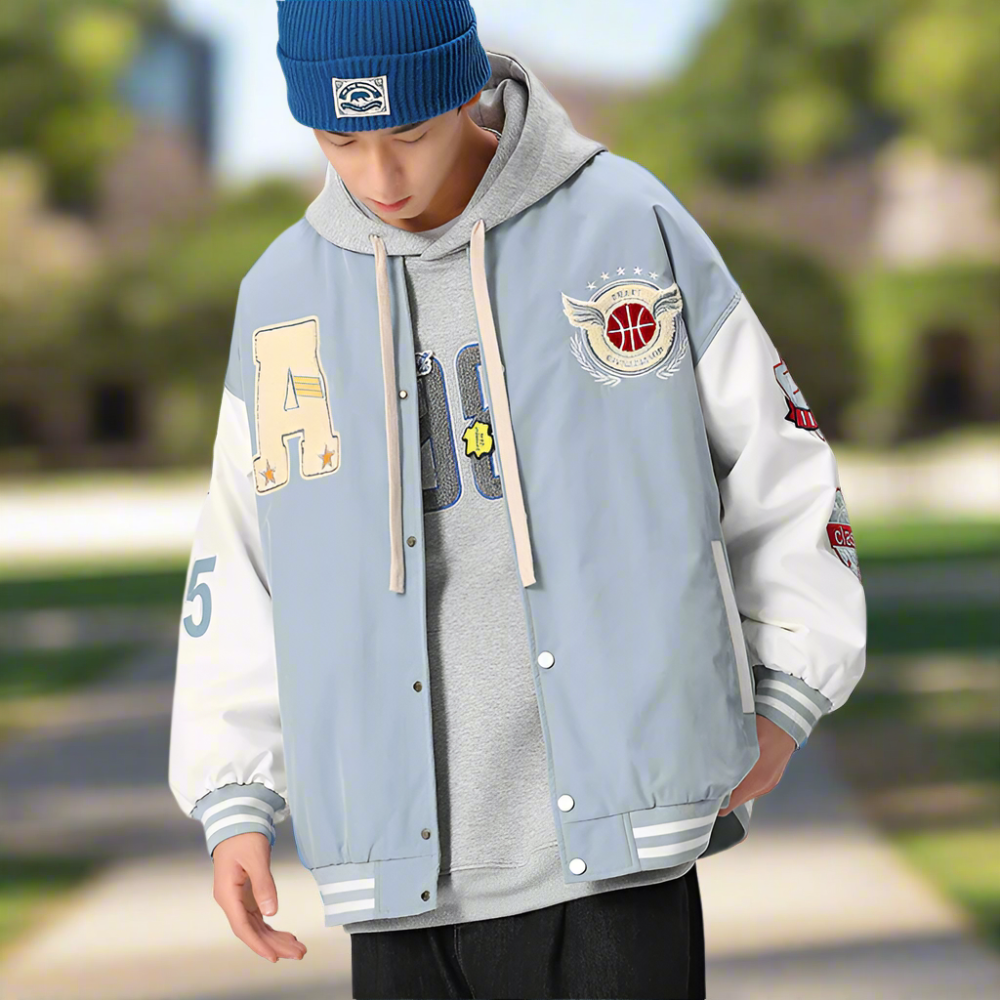 Mens Oversize Two Tone Embroidery Patch Baseball Jacket