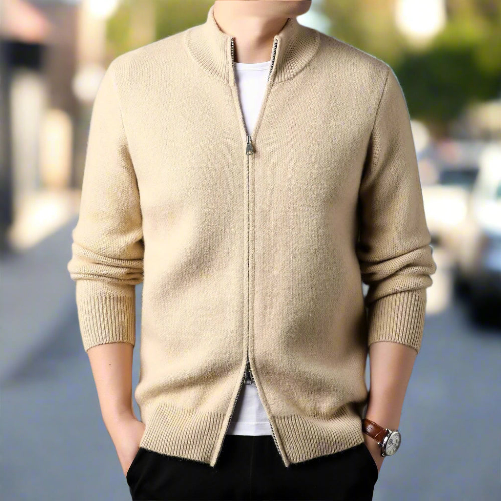 Mens Stand Collar Duble Zip Cardigan