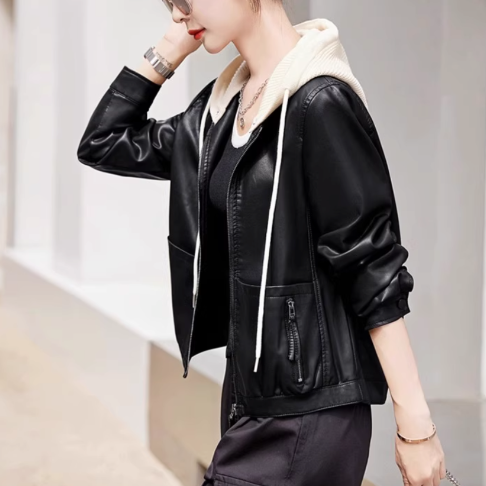 Women Vegan Leather Jacket with Removable Knit Hood