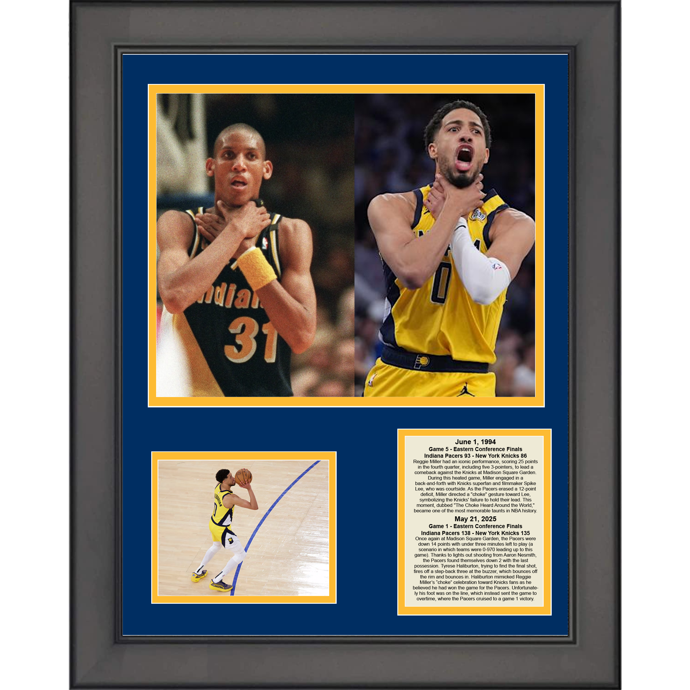Framed Tyrese Halburton Reggie Miller Choke Celebration Indiana Pacers Game 1 2025 NBA Eastern Conference Finals Basketball 11"x14" Three Photo Collage