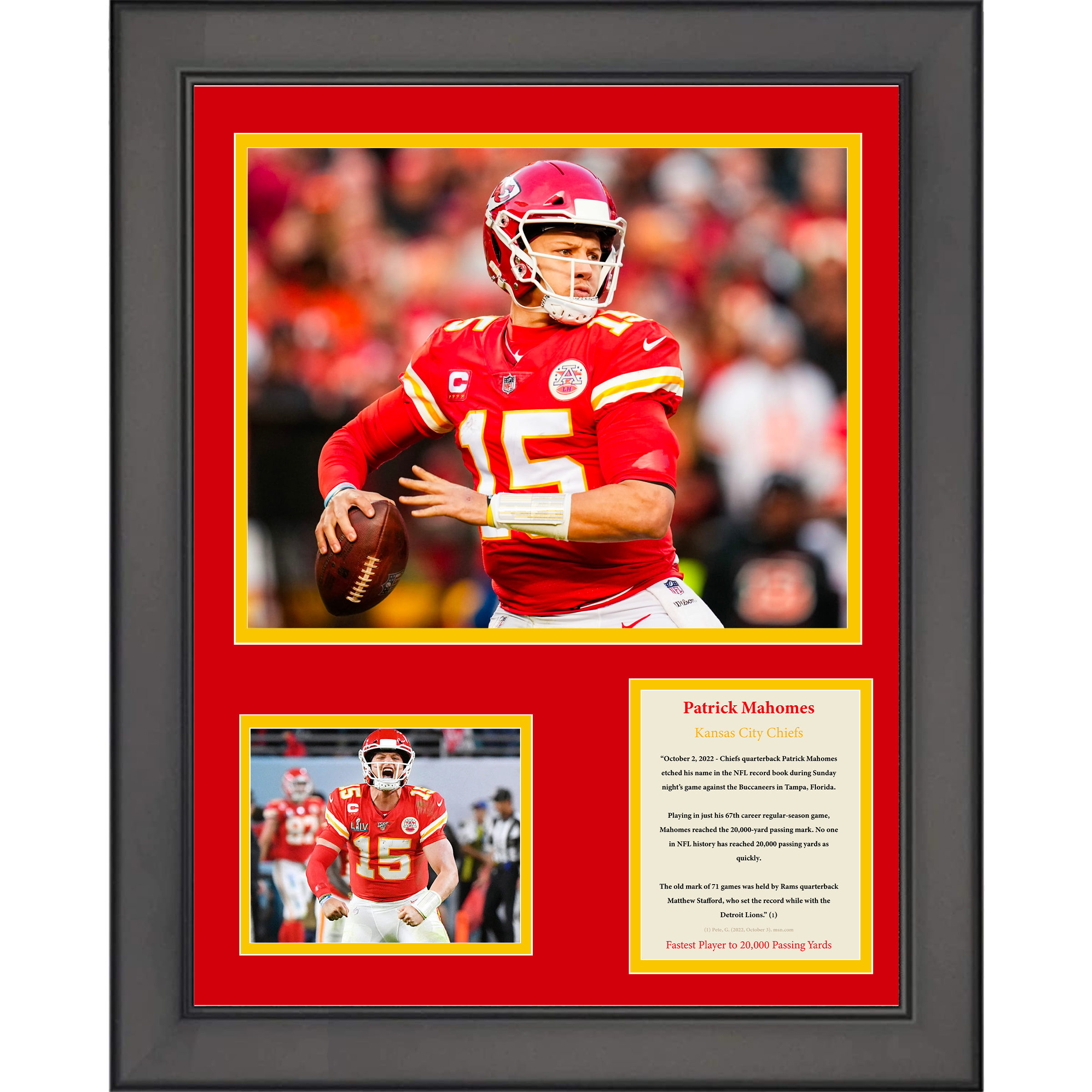 Framed Patrick Mahomes Fastest Player to 20,000 Passing Yards Record Kansas City Chiefs Football 11"x14" Three Photo Collage